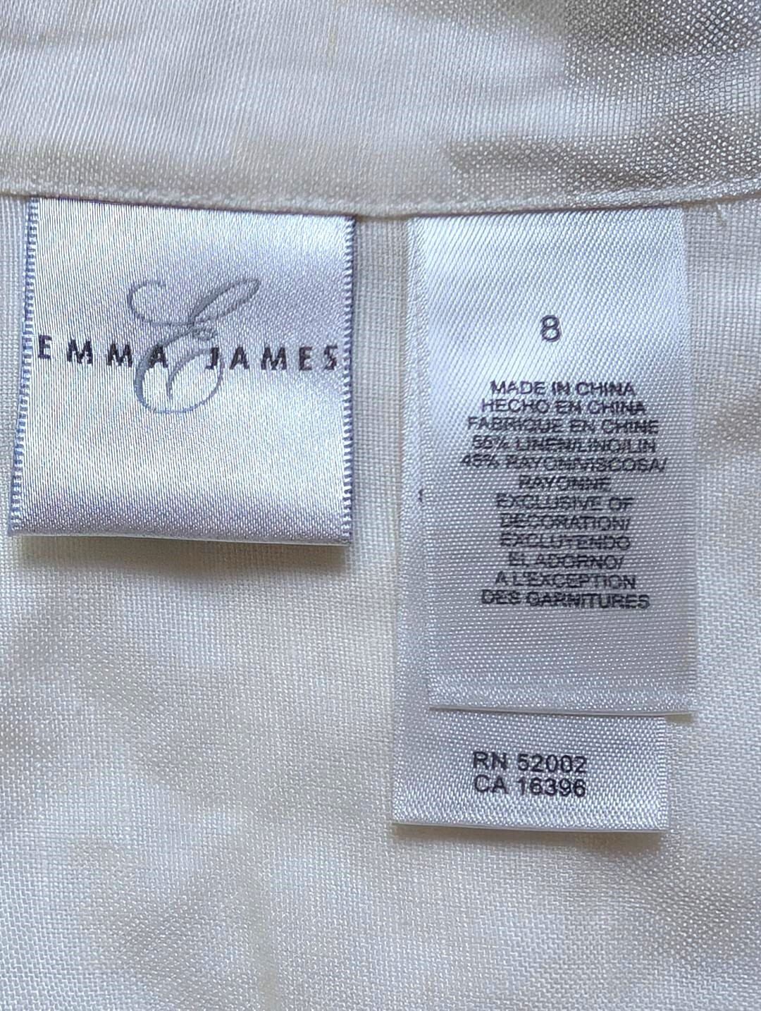 Emma James Linen Blend Shirt Womens Size 8 Embroidery 3/4 Sleeve Buttoned Up