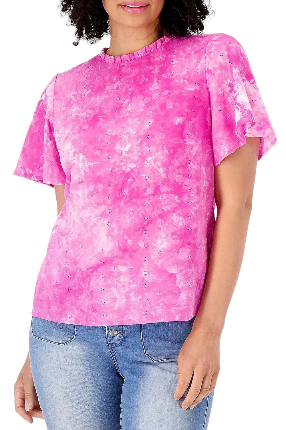 Candace Cameron Bure Tie-Dye Embroidered Blouse Fuchsia