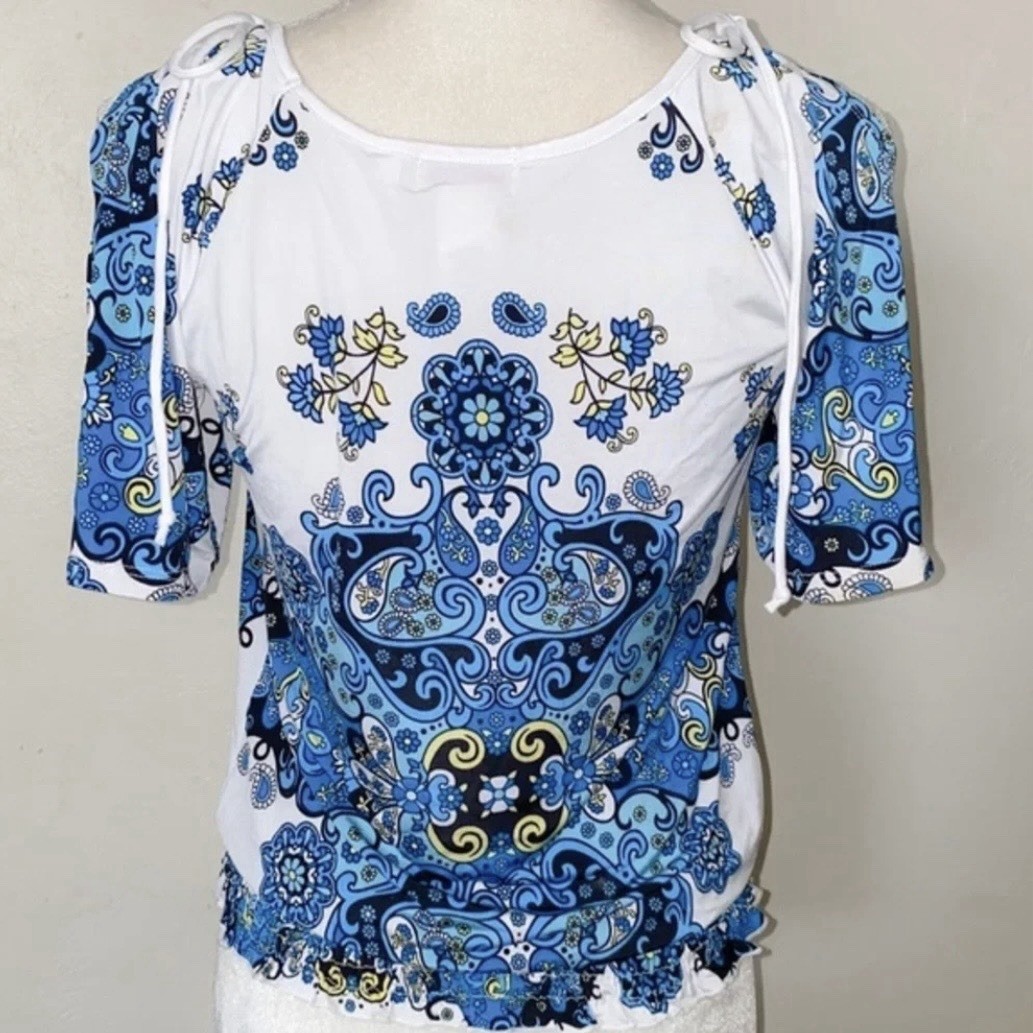 Soulmates Blue White Paisley Stretch Tie Cold Shoulder Top Sz M