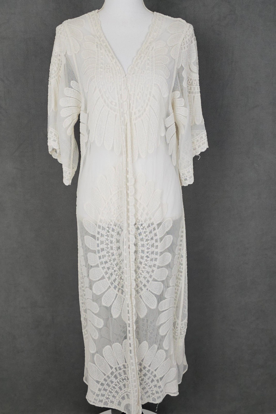 Rebellion Again Kimono Blouse Womens Medium White Lace Sheer Floral Boho