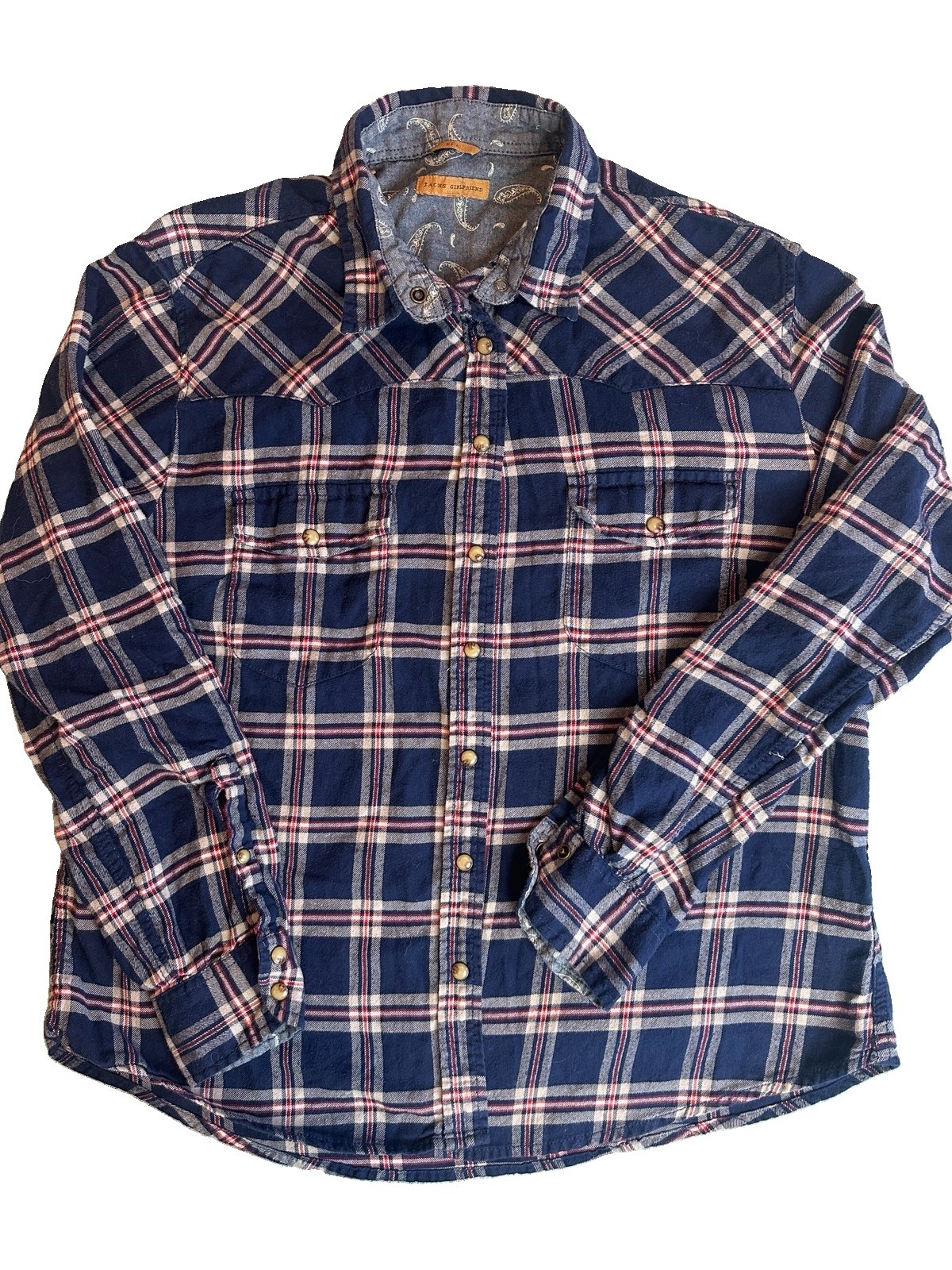 Jachs Girlfriend Bea Pearl Snap Flannel Shirt Ladies XL Blue Plaid Roll Sleeve