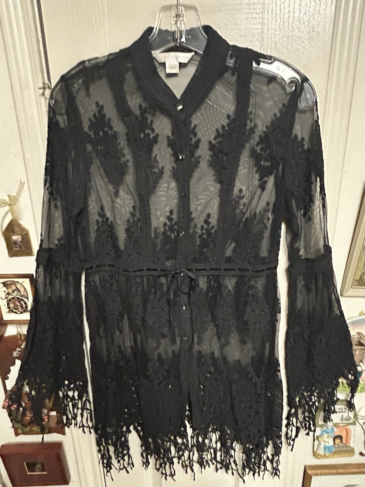 Darkly Romantic Gothic Esthetic BOSTON PROPER Black Mesh & Lace Empire Waist Top