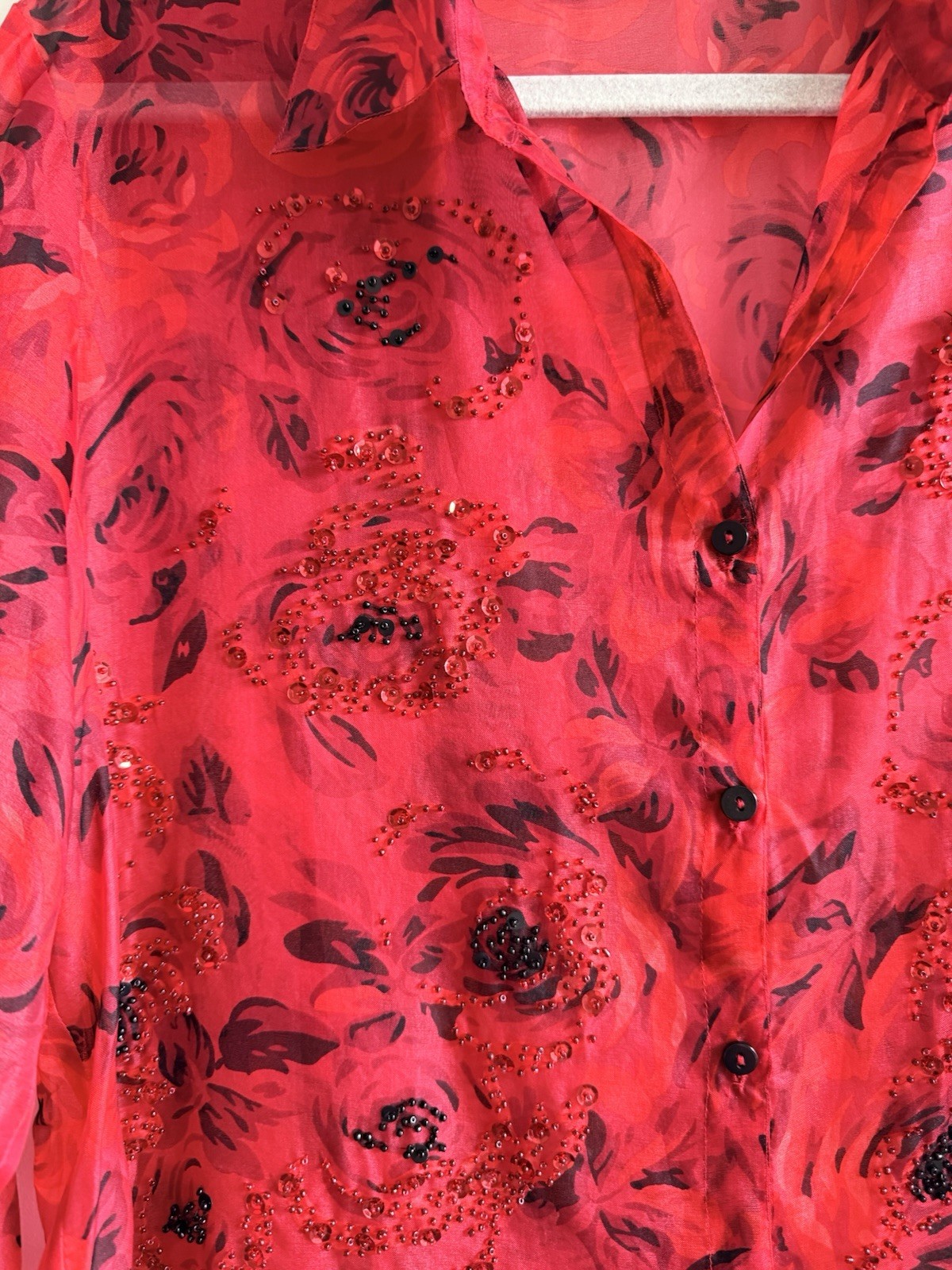 Vintage Robbie Bee Womens Red Floral Rose Silk Chiffon Sheer Beaded Blouse 12