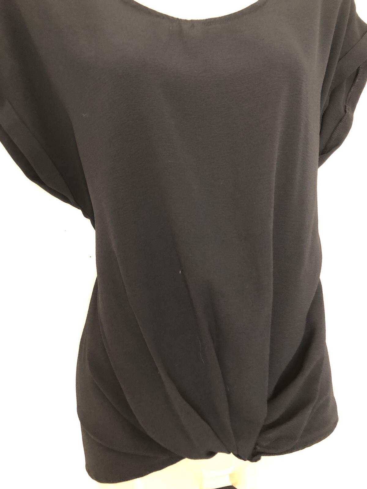 Easy Care Popover Blouse Size Medium Solid Black Twist Front Cap Sleeve