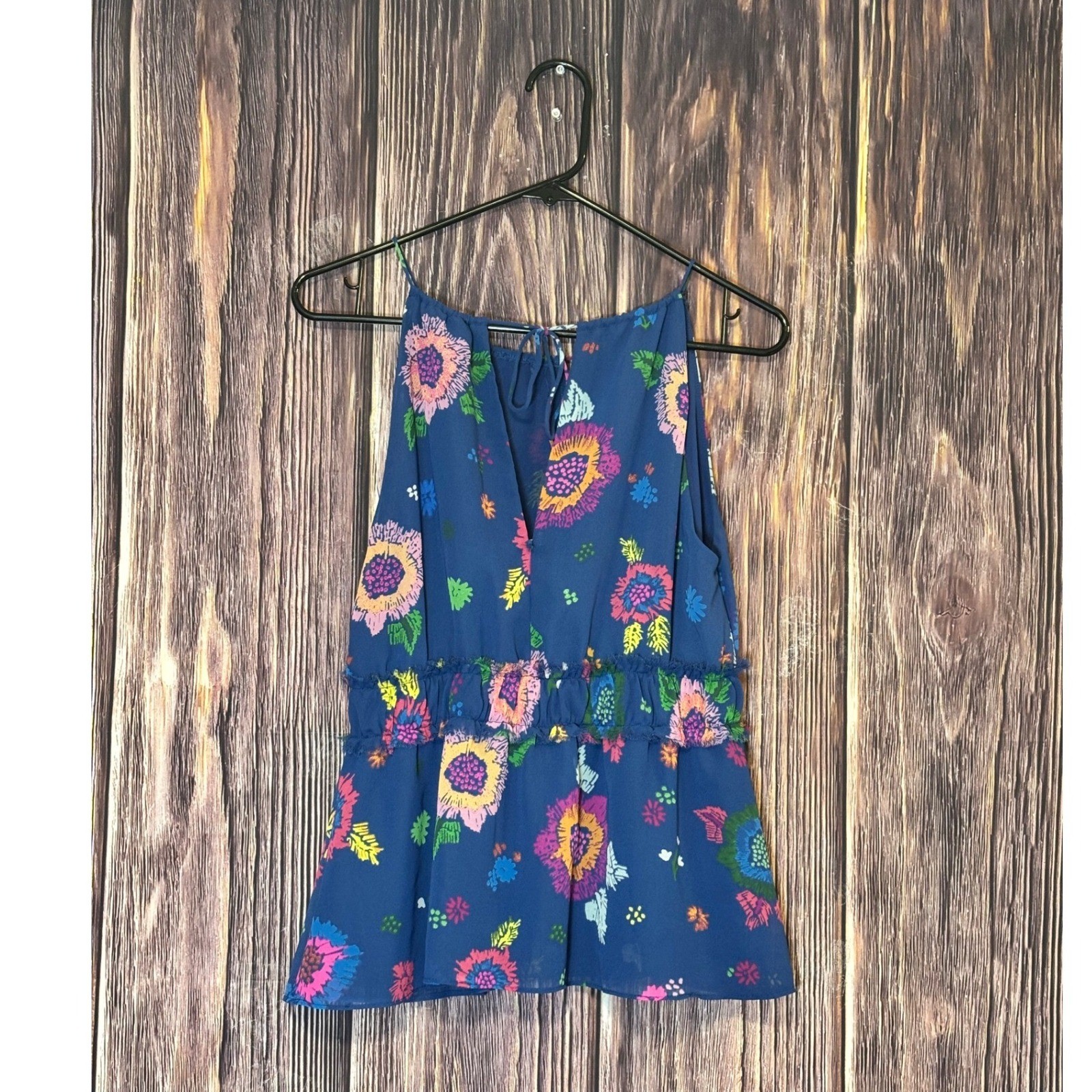 Guess Los Angeles Top Womens M Blue Floral Halter Peplum Ruffle Waist W72H900000