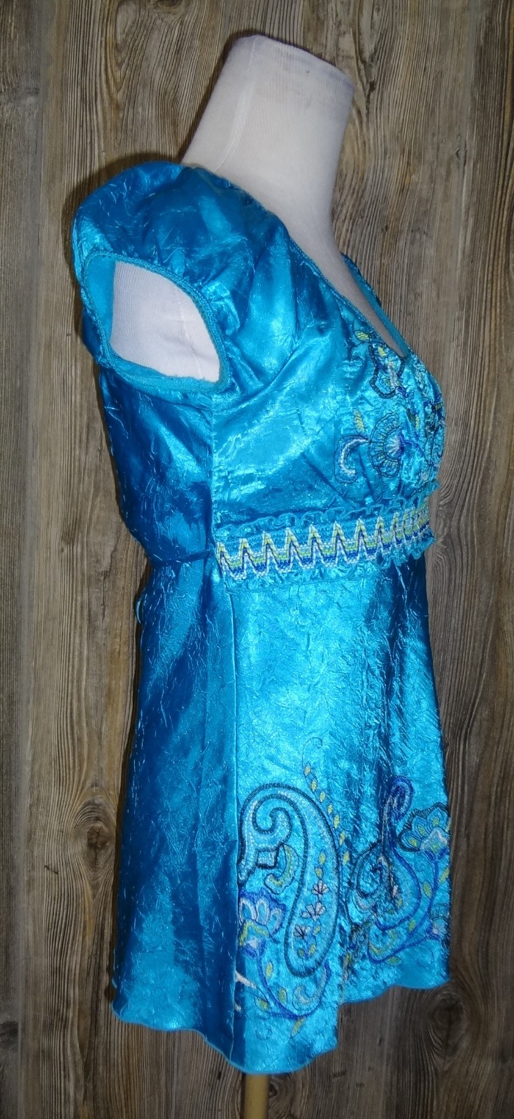 Y2K Turquoise Embroidered Empire Waist Cap Sleeve Womens Sz Medium Boho