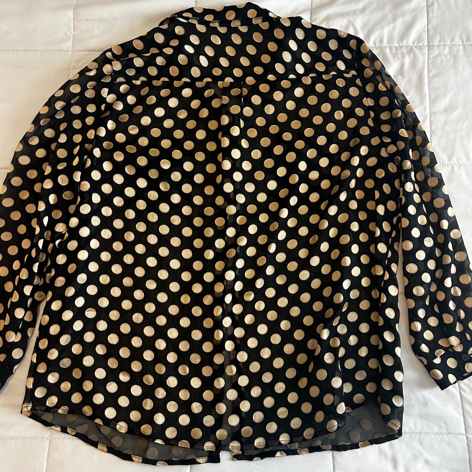 Chicos Black Gold Polka Dot Sheer Button Down Shirt Blouse Size XL Glam Party