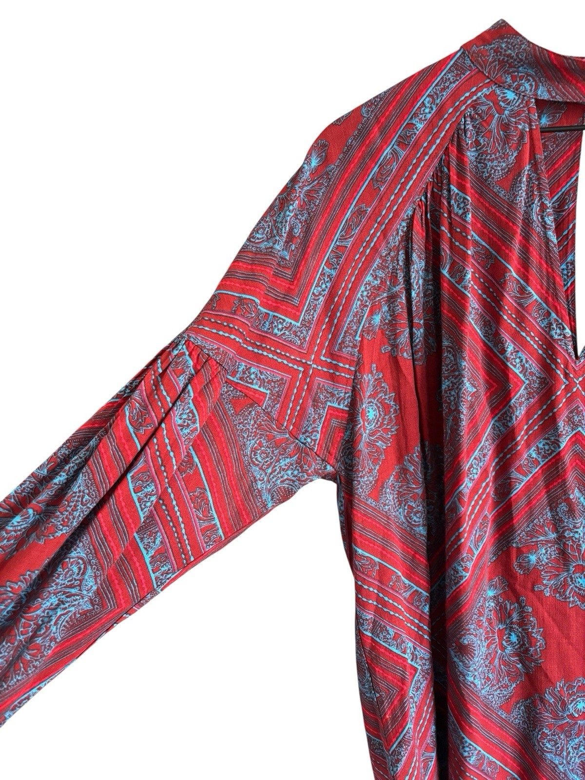 Free People Walking On A Dream Tunic Top Women’s S Red Blue Keyhole Aztec Boho