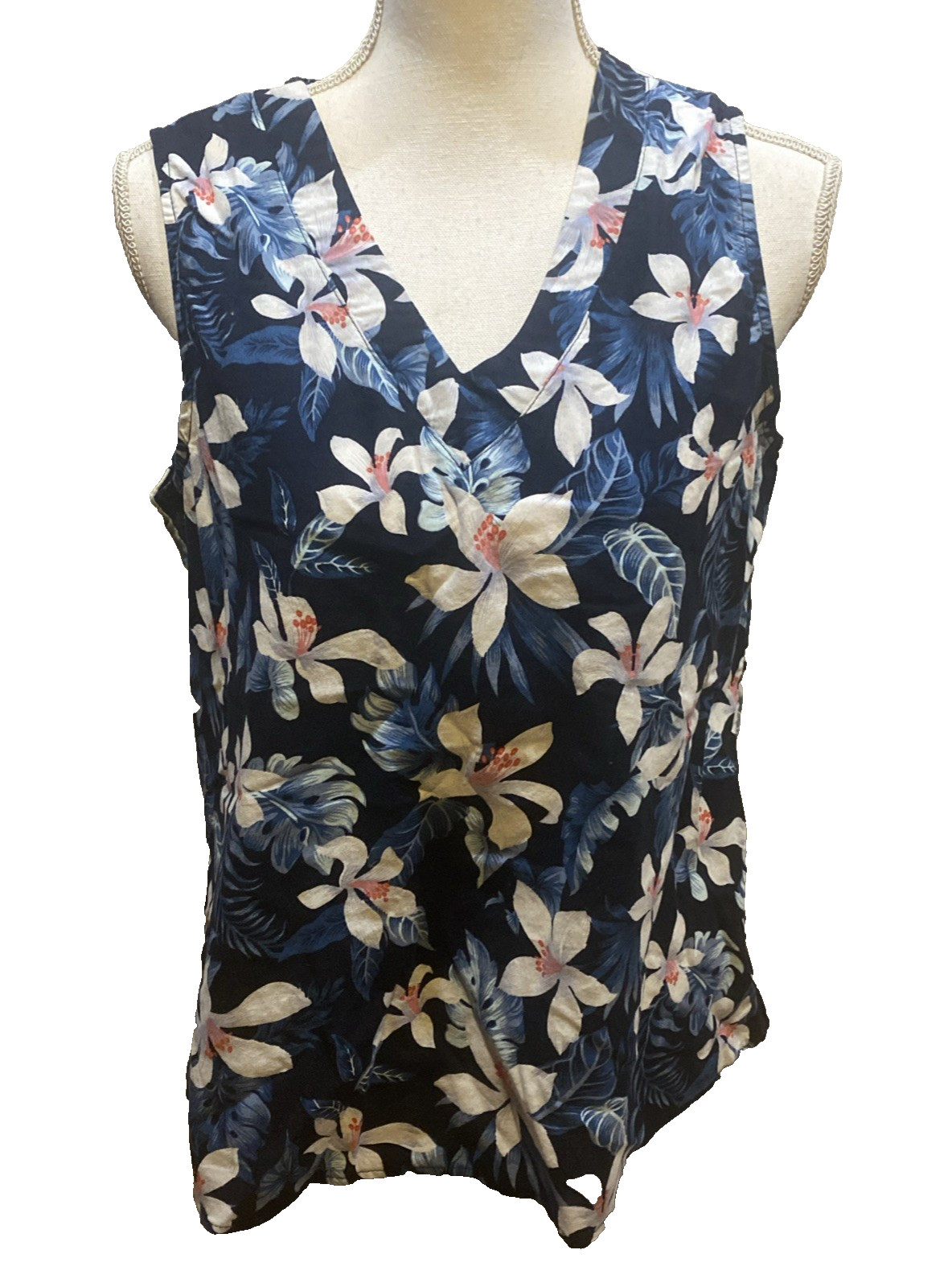 Womens 100% Cotton Tropical Aloha Beach Coastal Blue w/ White Floral V Neck Top