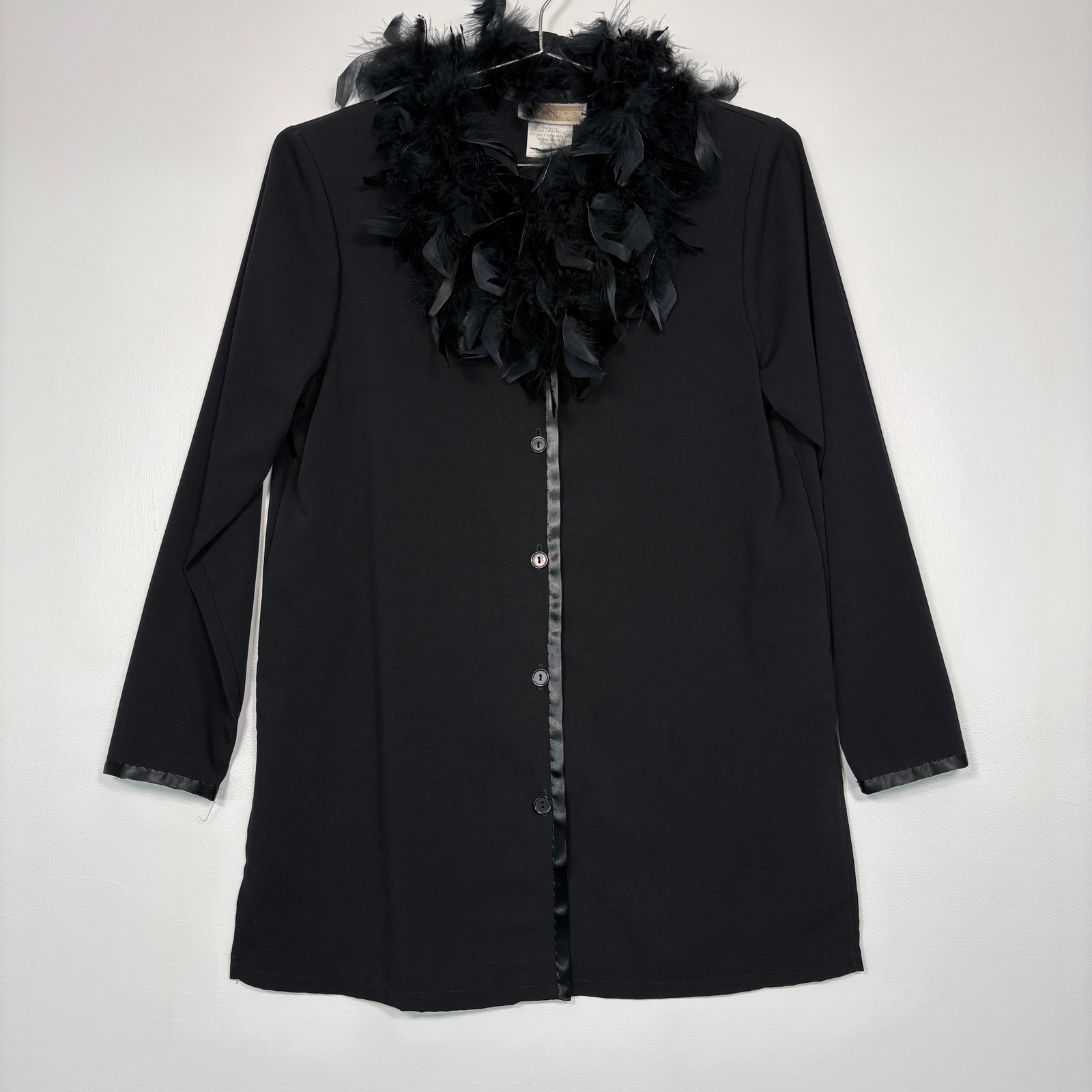 Season Ticket Womens Button Front Top Size S Black Feather Collar Long Sleeve