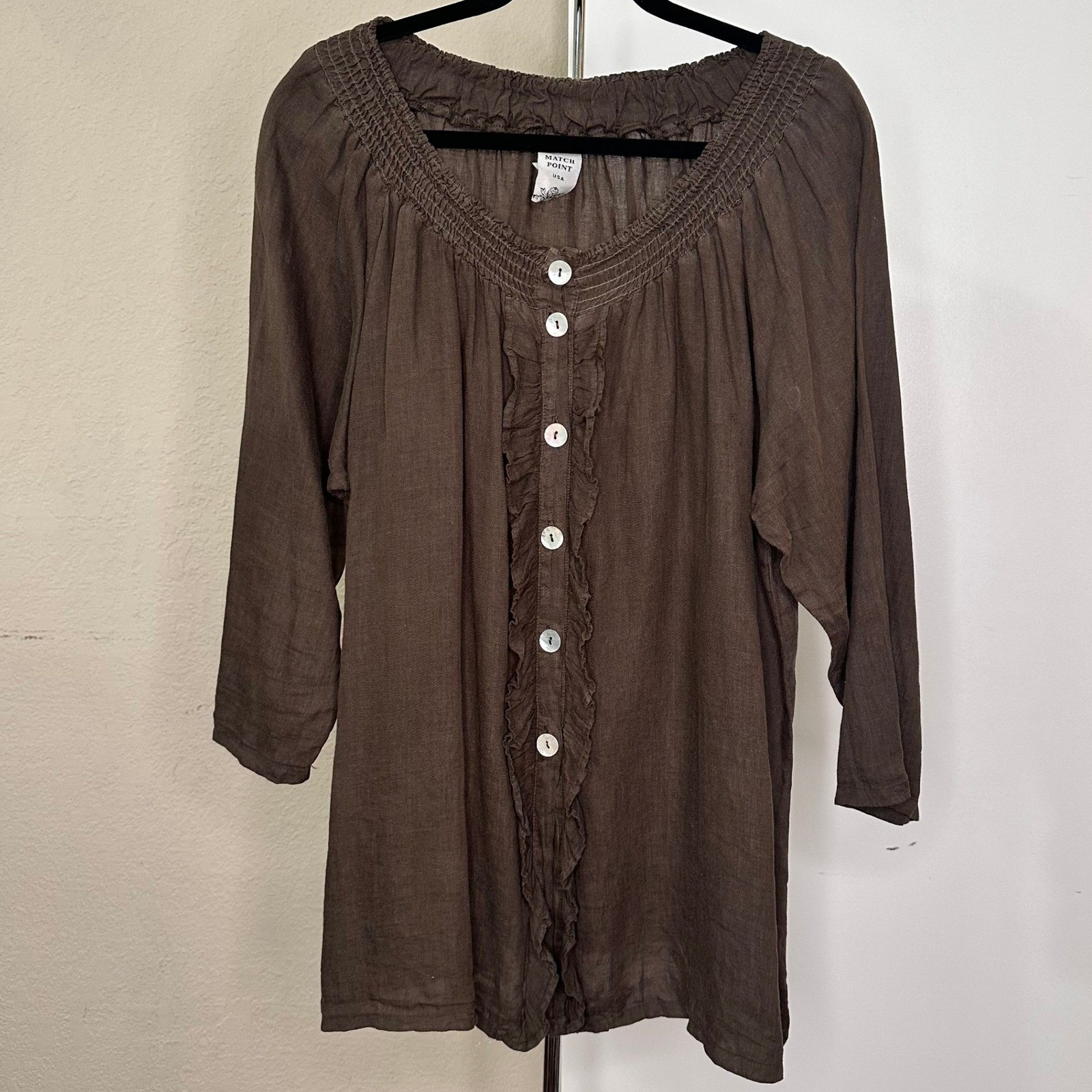 Match Point USA Brown 100% Linen Ruffle Smocked Neck Blouse Top Large