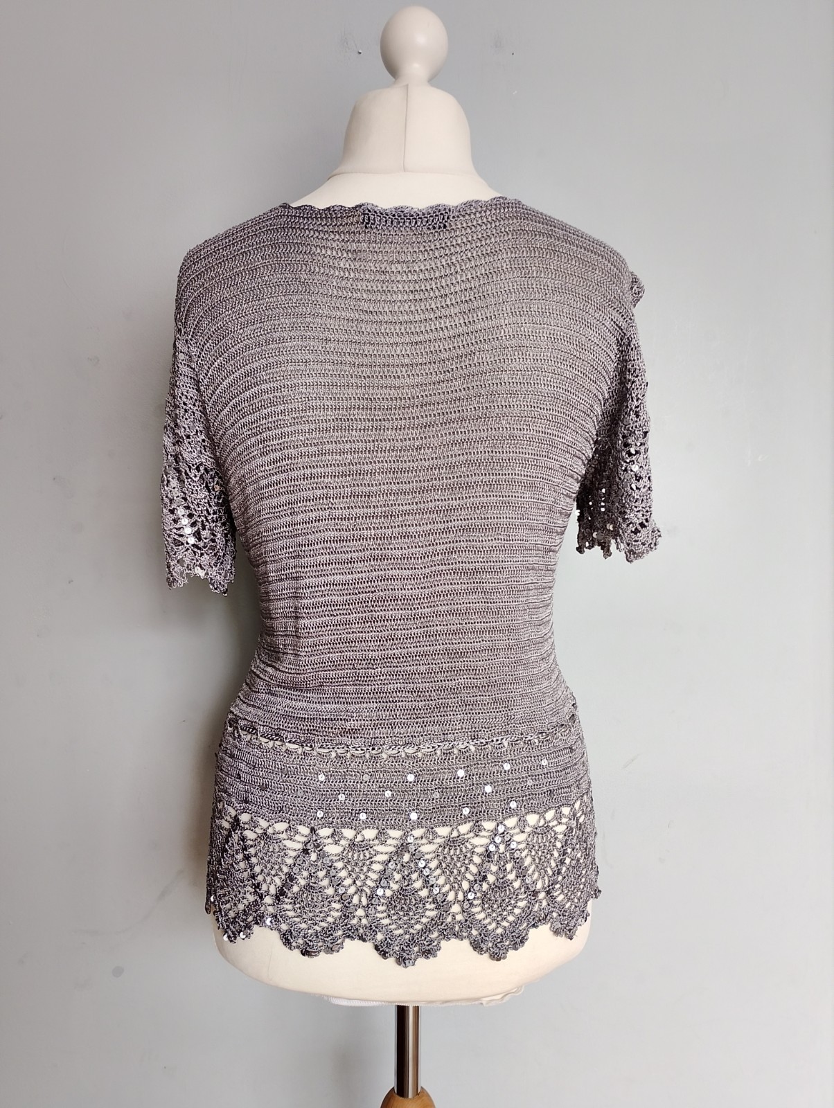 Jacques Vert Crochet Knit Top Sequin Lace Drawstring UK M Dove Grey Occasion