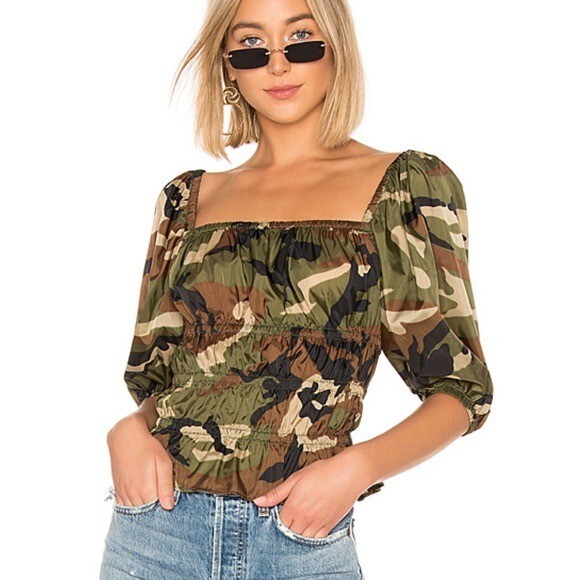 LPA NWT Camo Top Blouse 3/4 Sleeve Elastic Waist Sits at Hip Square Neck XXS