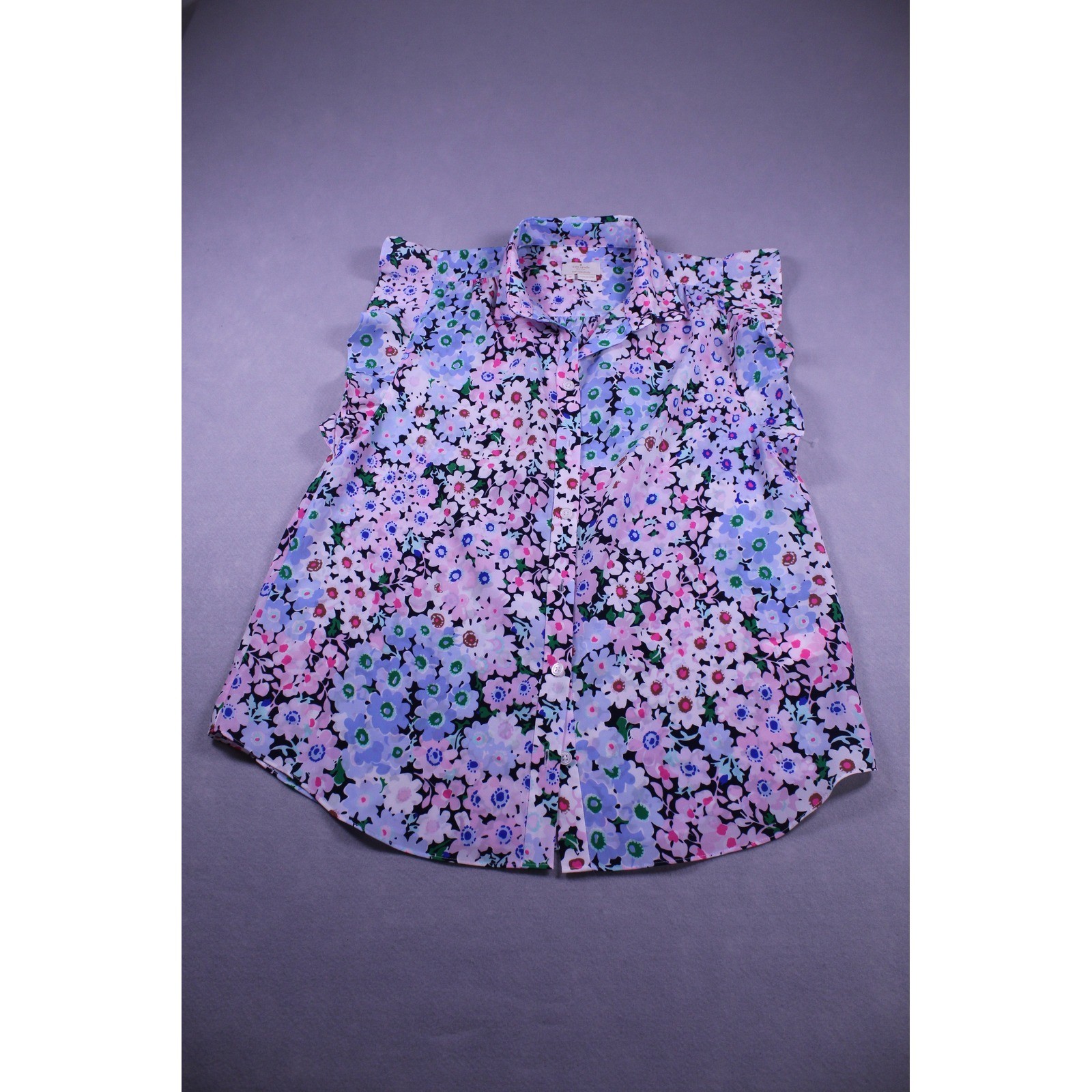 Kate Spade New York Womens Floral Ruffle Sleeve Button Down Top Pink Blue Medium