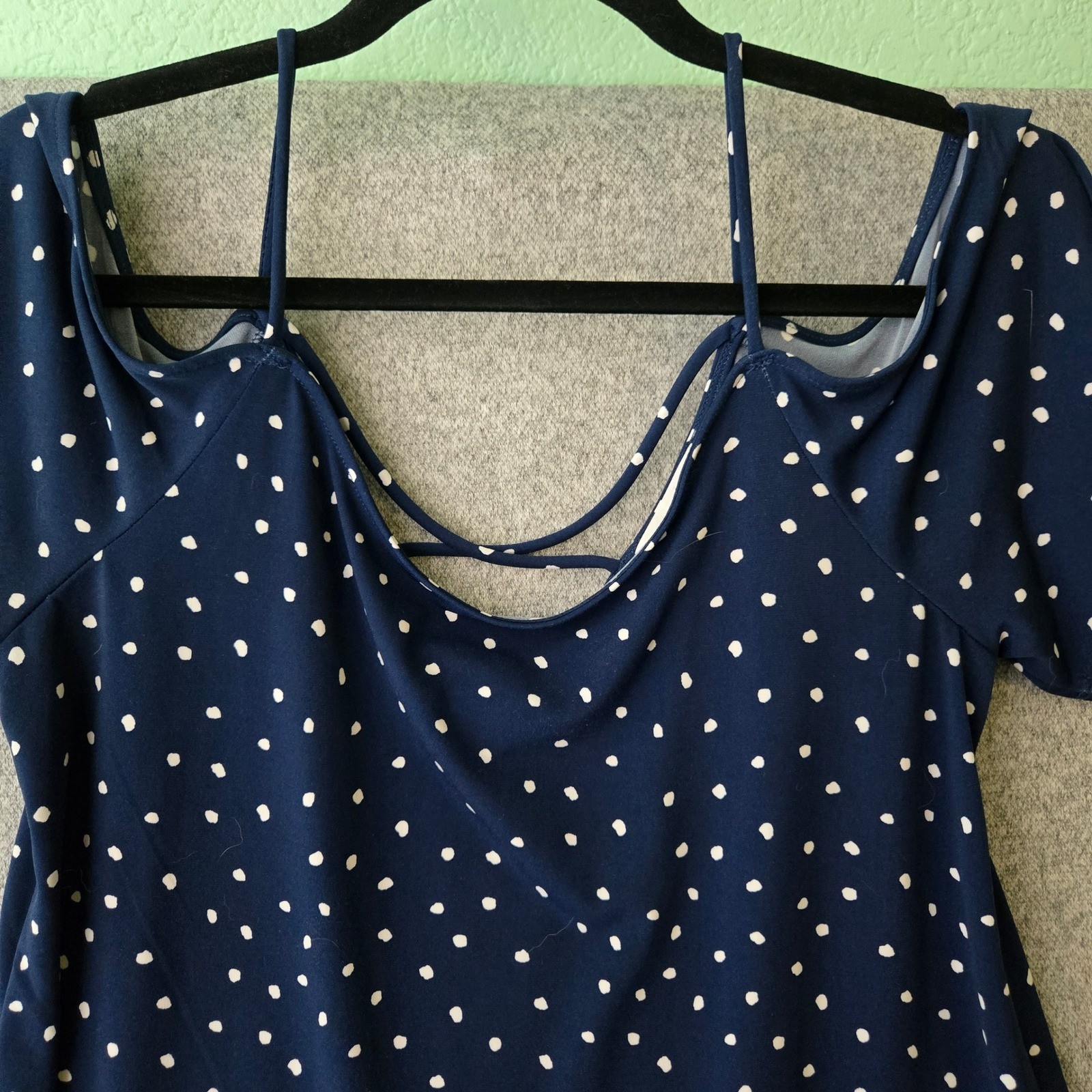 Kaileigh Navy Blue Polka Dot Cold Shoulder Flutter Sleeve Top Medium