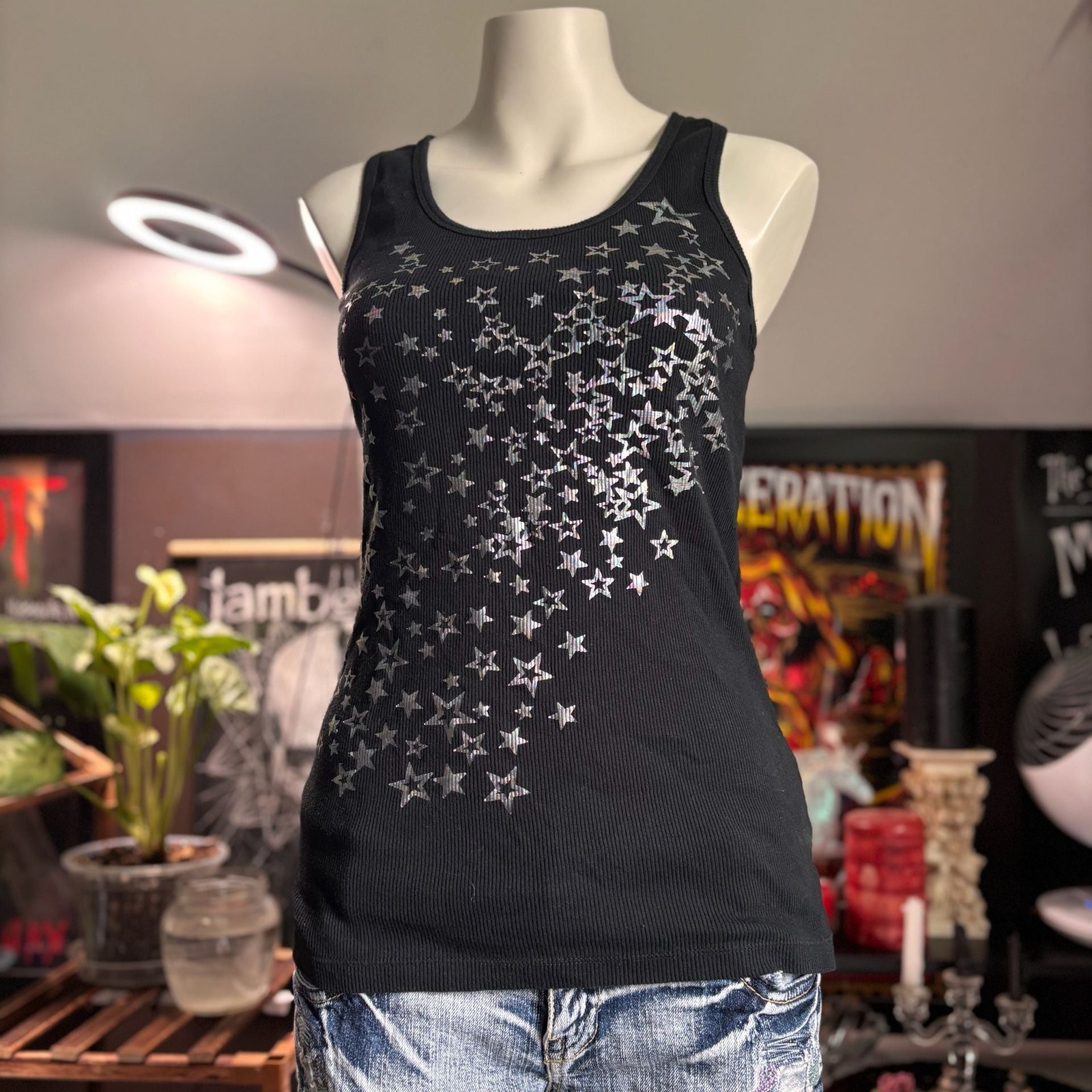 Angels Black Ribbed Tank Top with Holographic Stars XL