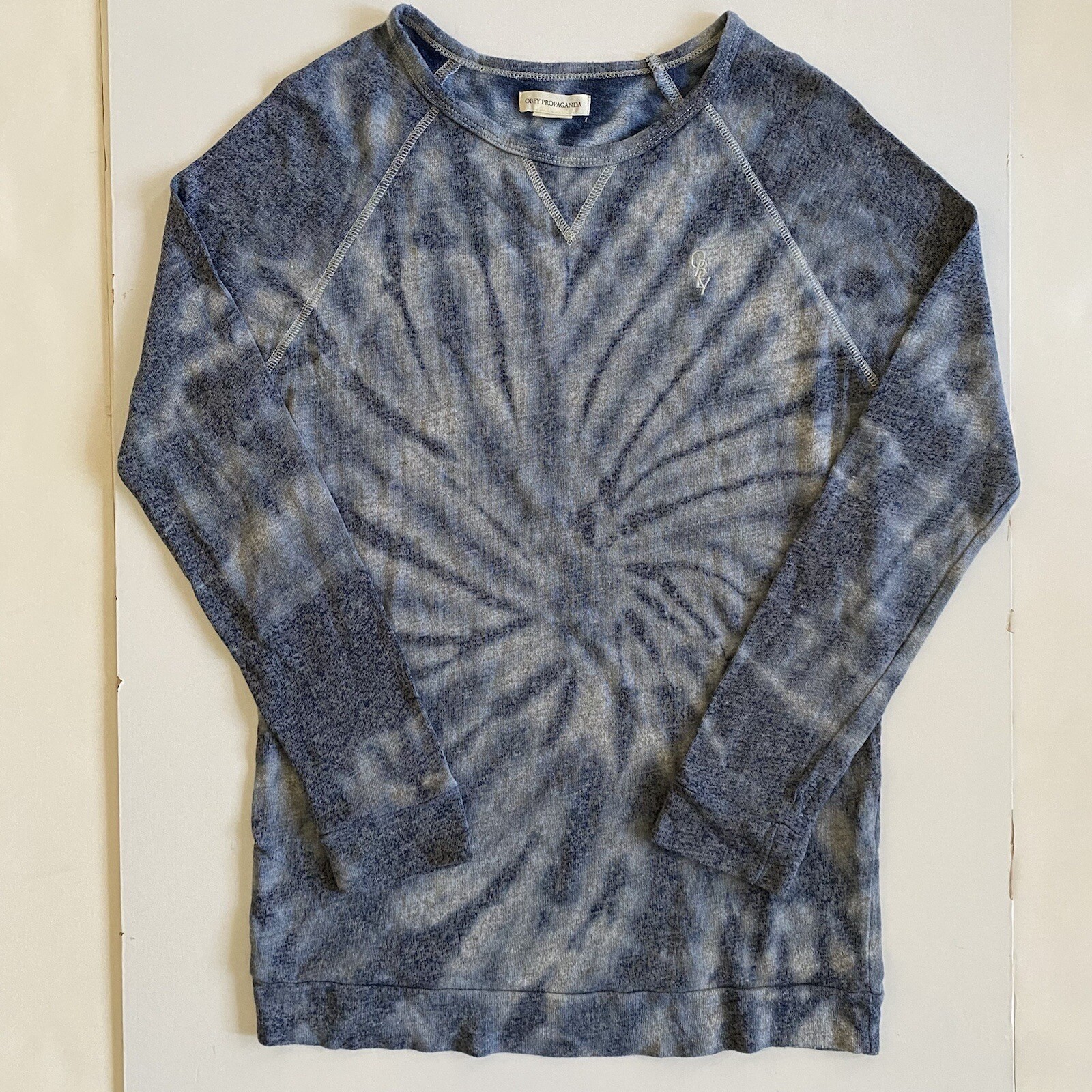 OBEY Propaganda Blue Tie Dyed Long Sleeve Shirt Women Small Retro Streetwear EUC