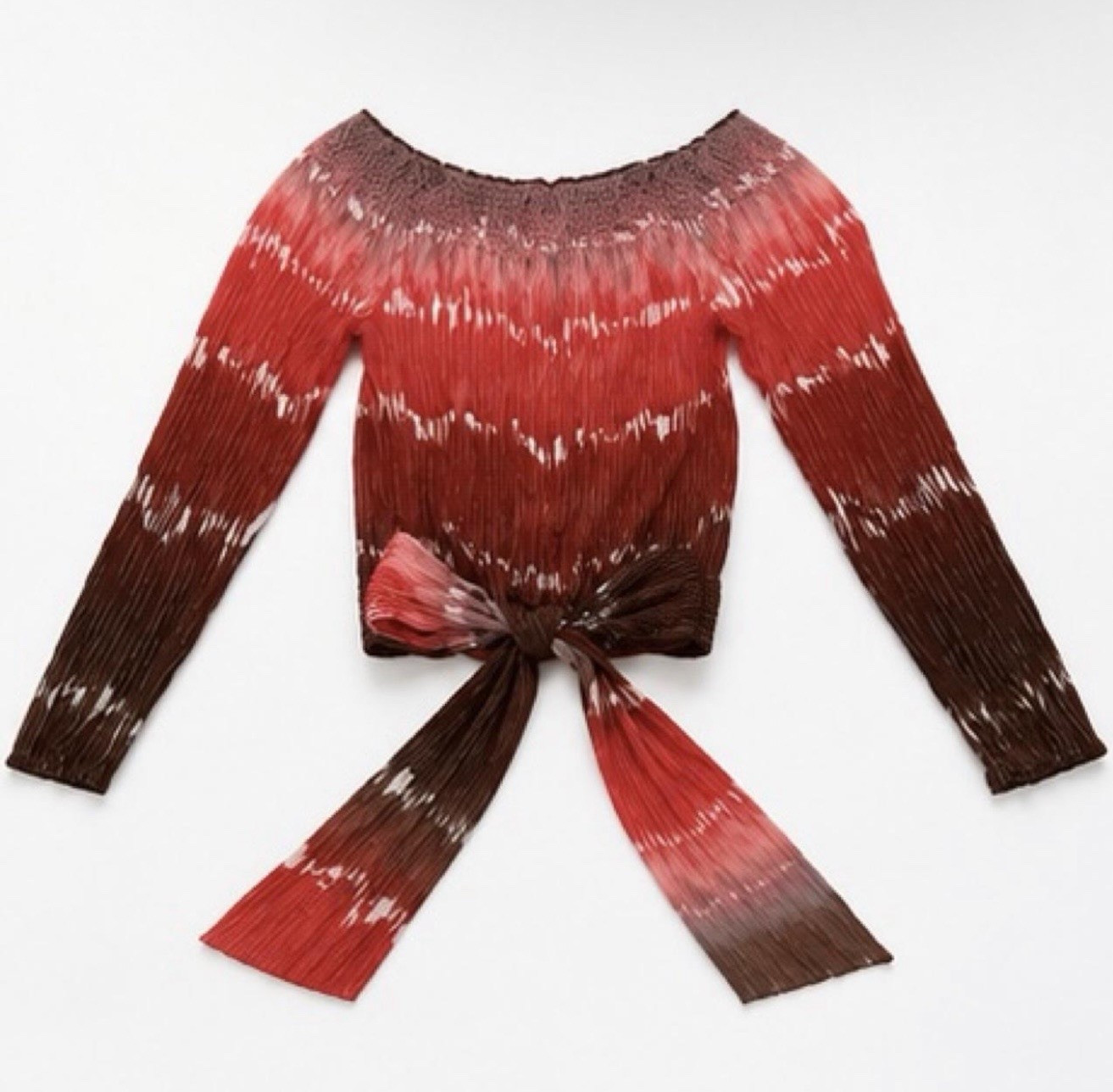 Women’s Red/Brown/White Tie-Dye Boat Neck Tie-Front Zip Wrap Top S