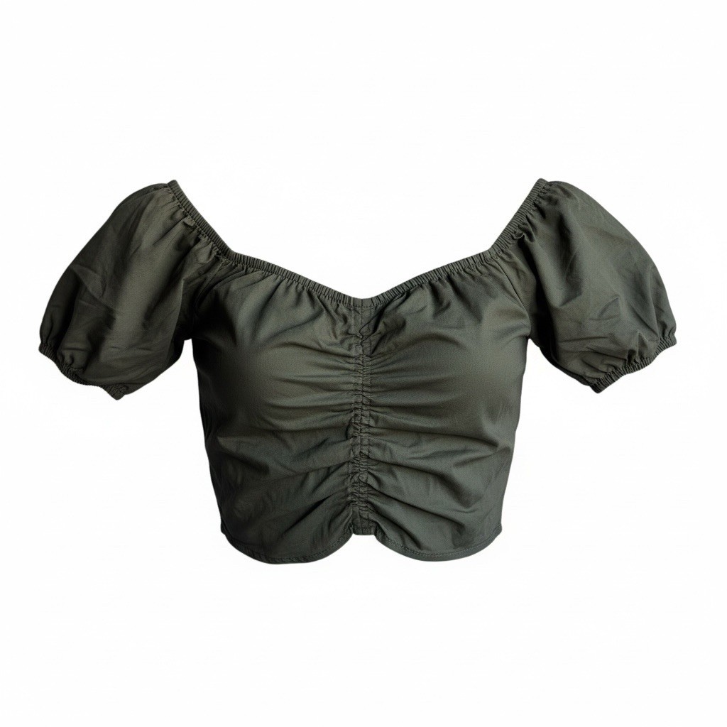 Cotton On cropped top Sz S ruched elastic neck puffed sleeves zipper B-50