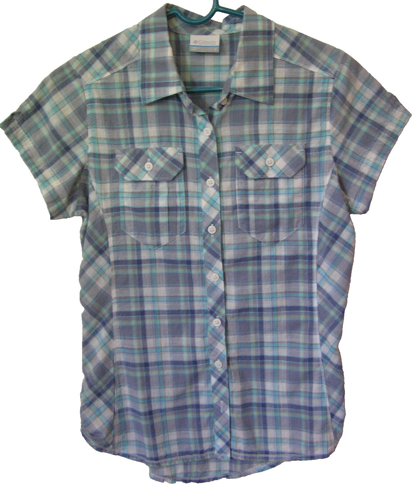 Columbia Button-Front Shirt with Chest Pockets 100% Cotton Blue Plaid NEW!