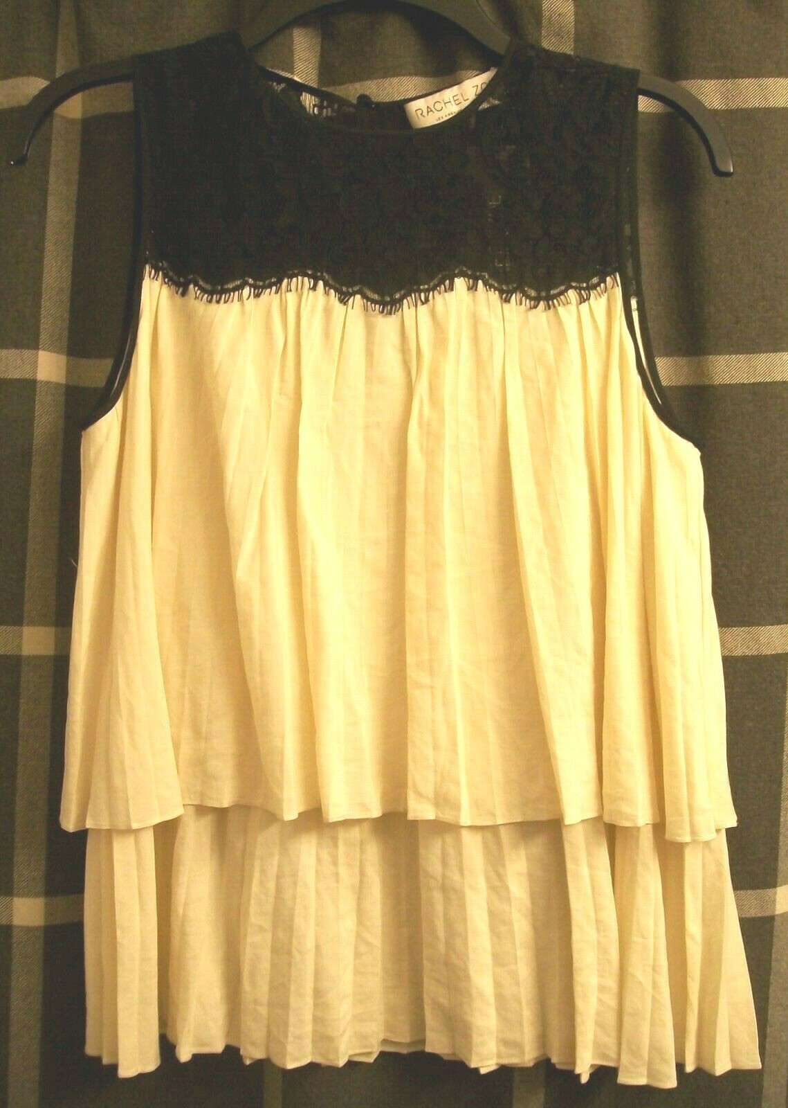 Tank Top Shirt Sz M Cream Black Sheer Lace Fringe Pleated Tiered Rachel Zoe