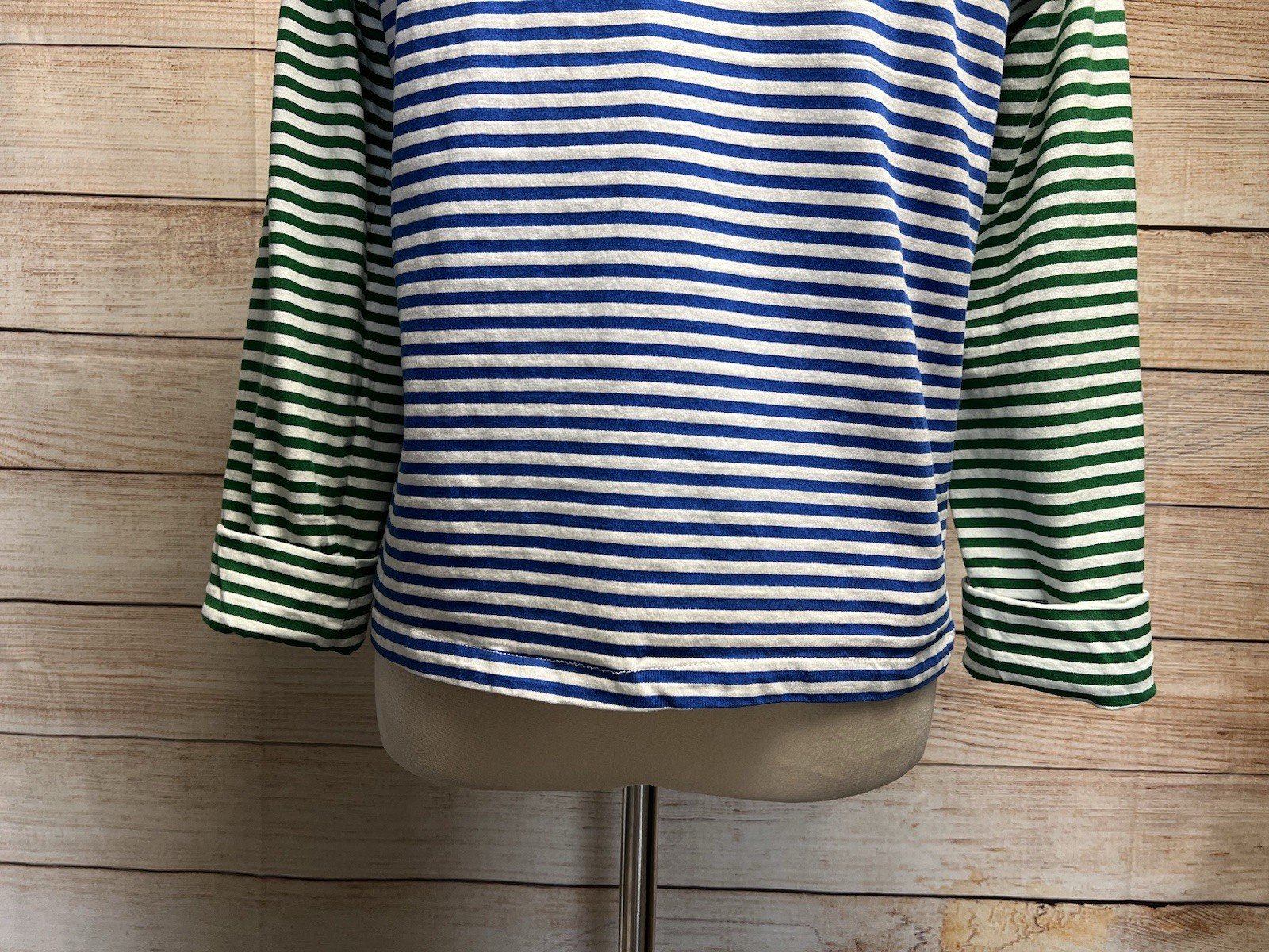 BURU Crew Neck Cotton Knit Tee T-Shirt M Contrast Stripes 3/4 Sleeve Blue Green