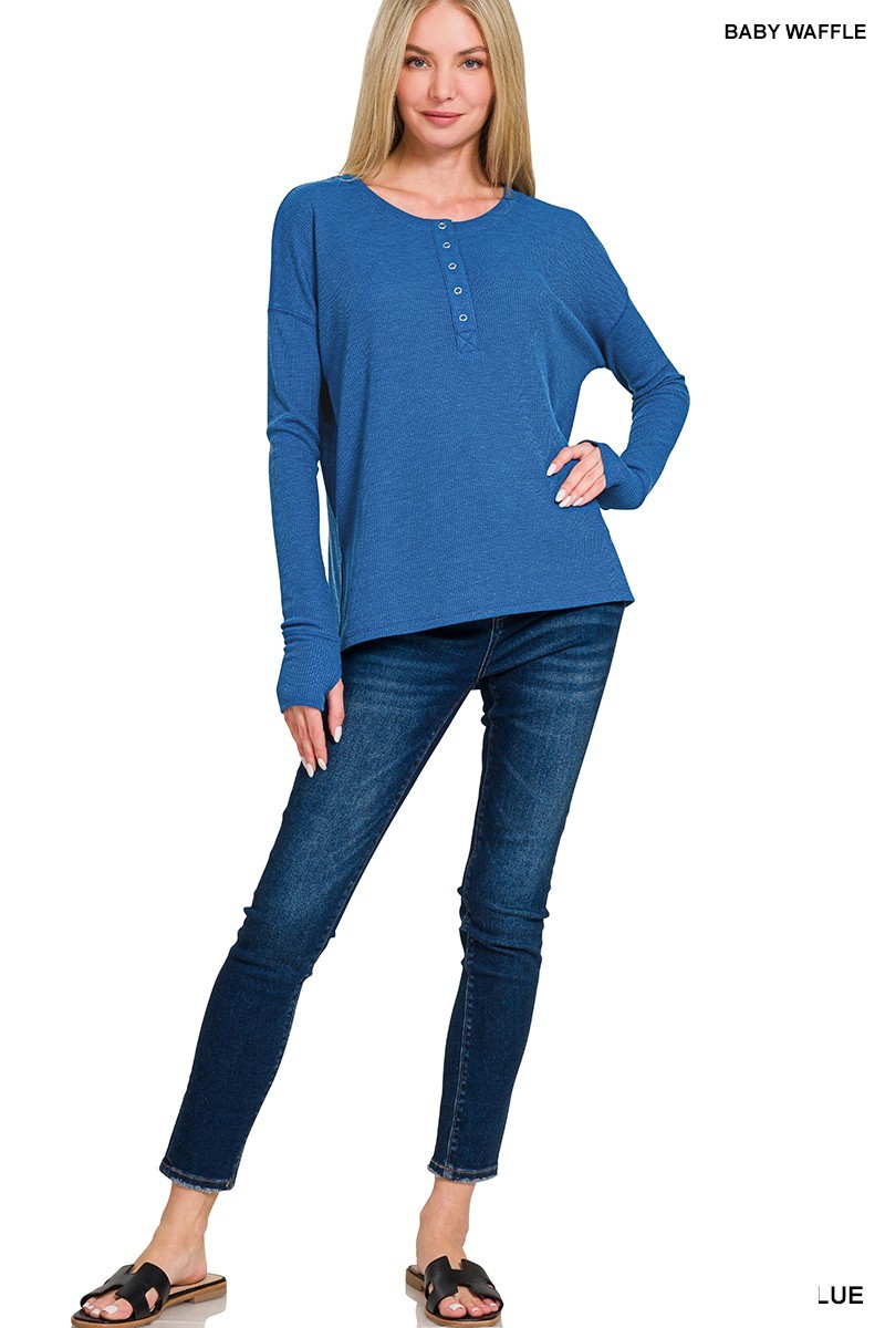Zenana Womens Waffle Knit Henley Long Sleeve Thumbhole Top JT-7511Y NWOT