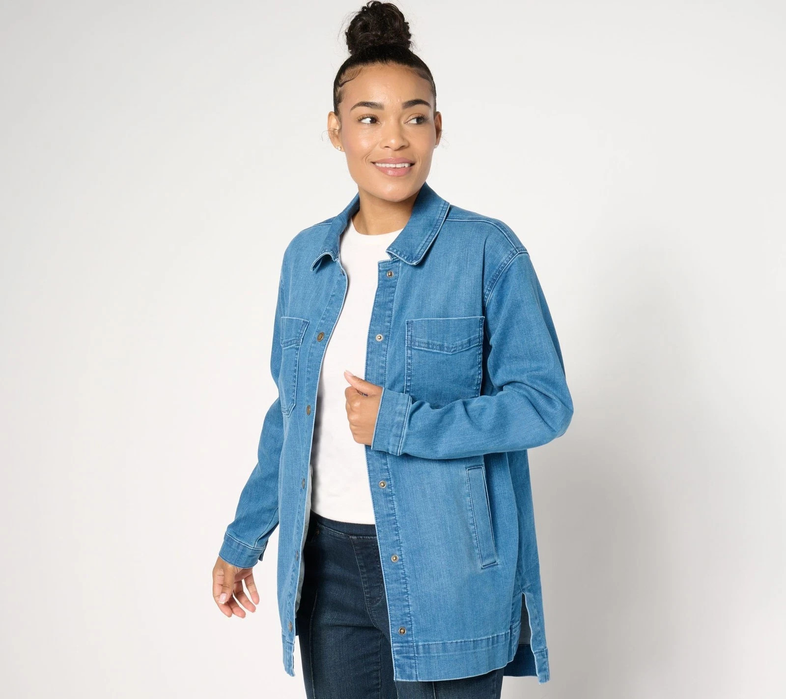 #2394 Belle by Kim Gravel Stretch Denim High Low Snap Front Shacket Size S