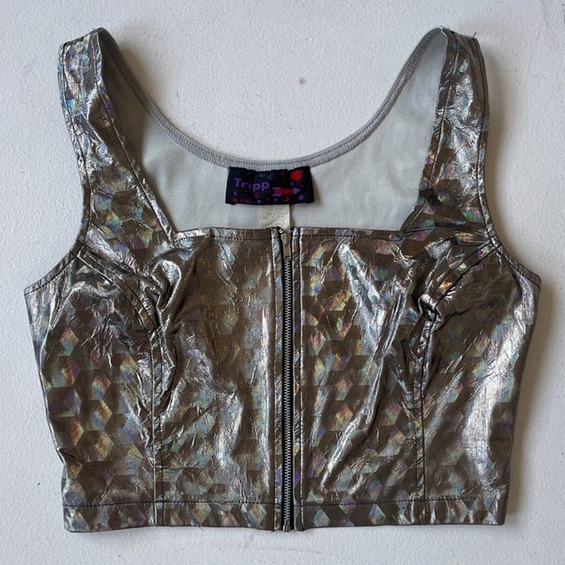 Vtg 80’s Tripp NYC Holographic Zip Up Cropped Tank L RARE Rave Club Techno Top