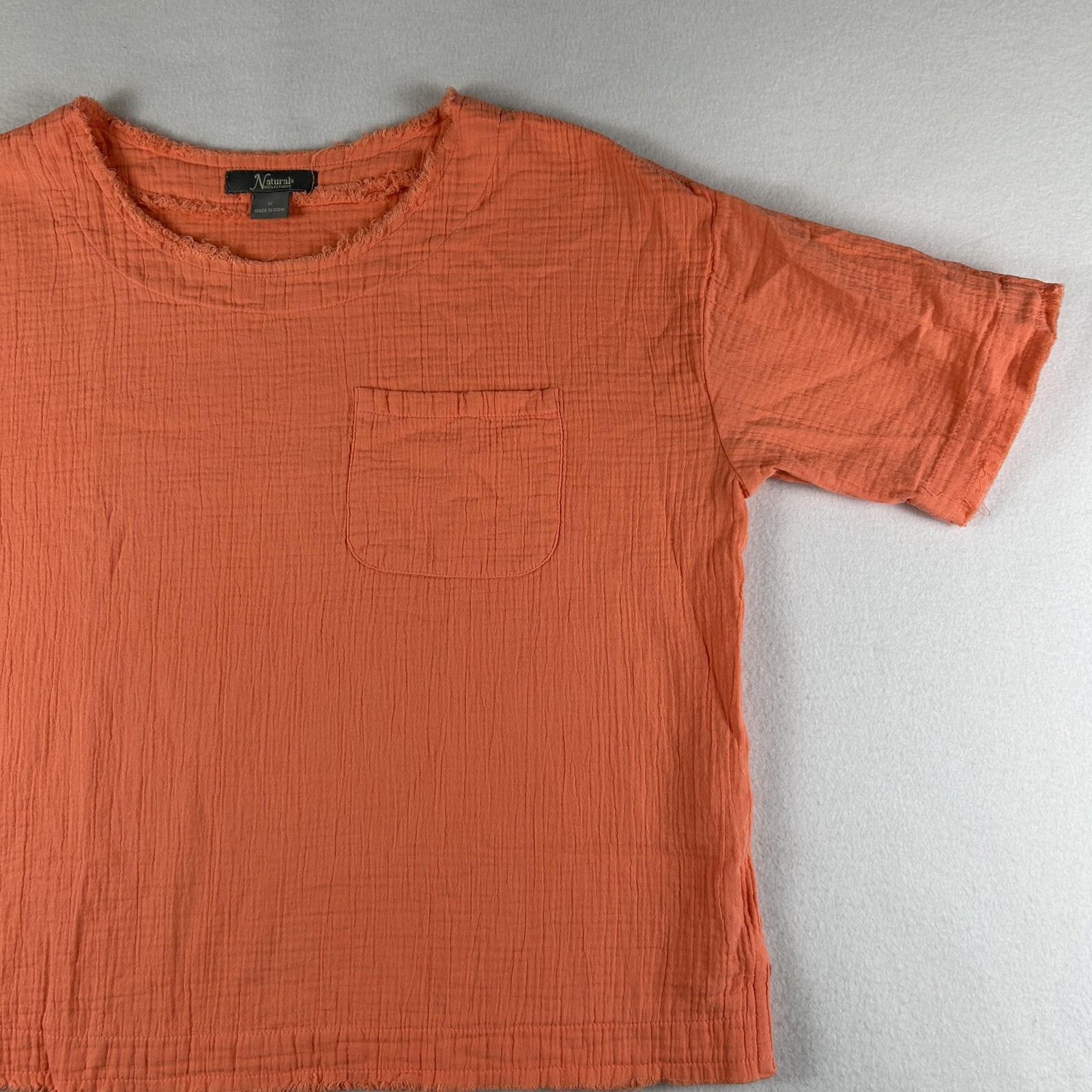 Natural Reflections Blouse Womens Medium Orange Cotton Gauze Fringe Pocket Top
