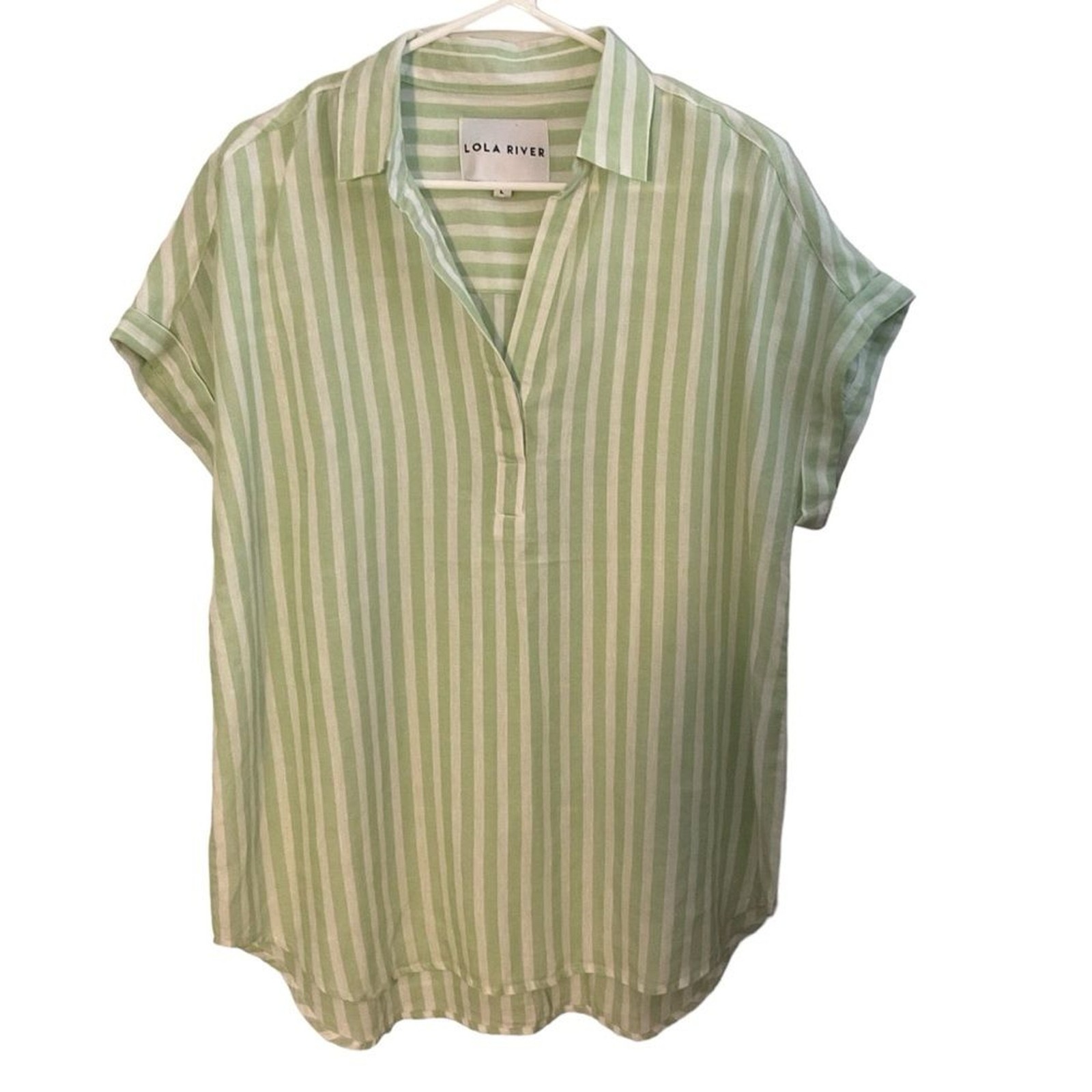 Lola River Green White Striped Collard Tunic Top Shirt Size L