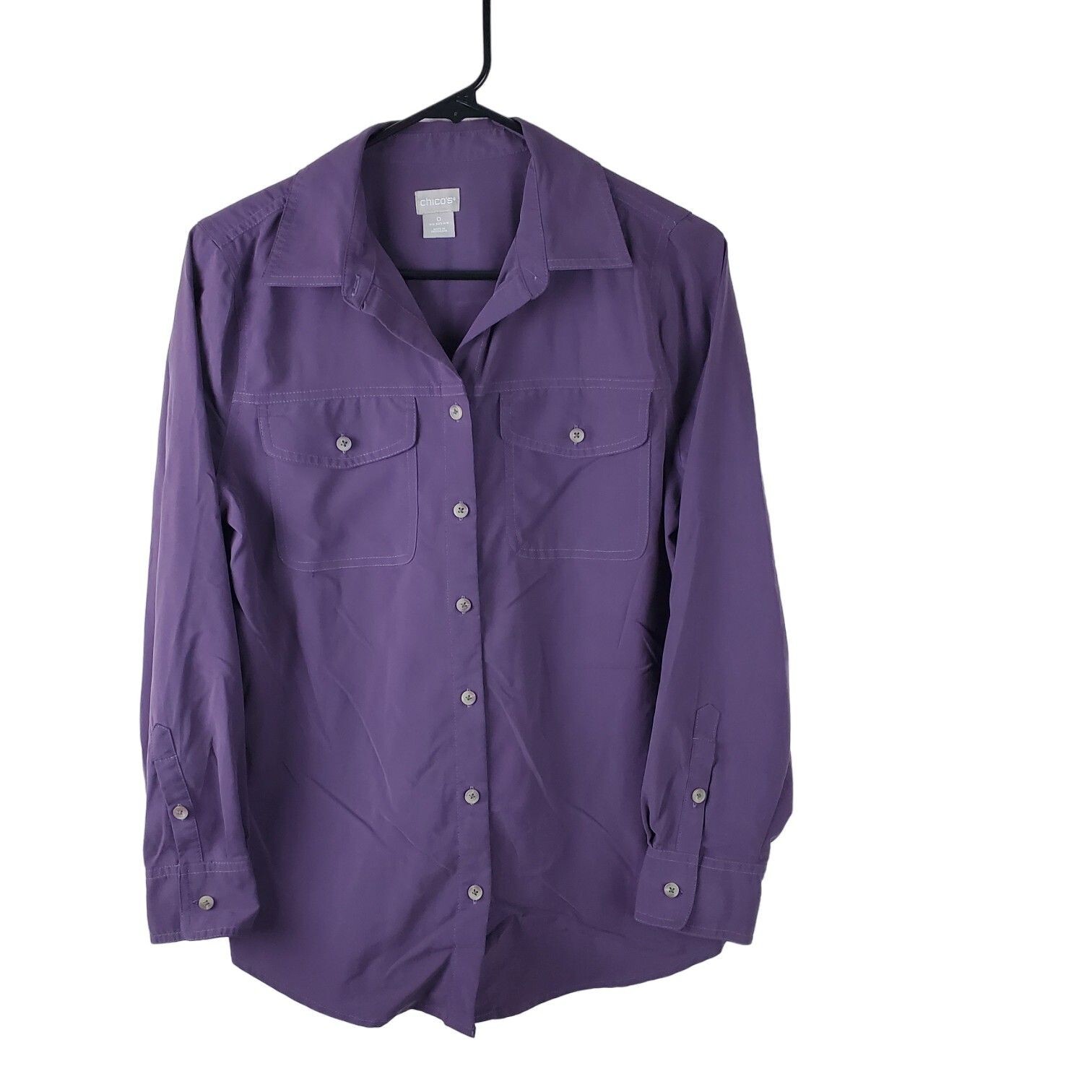Chico’s Shirt Womens 0 4/6 Purple Long Sleeve Collared Pockets Casual Button Up