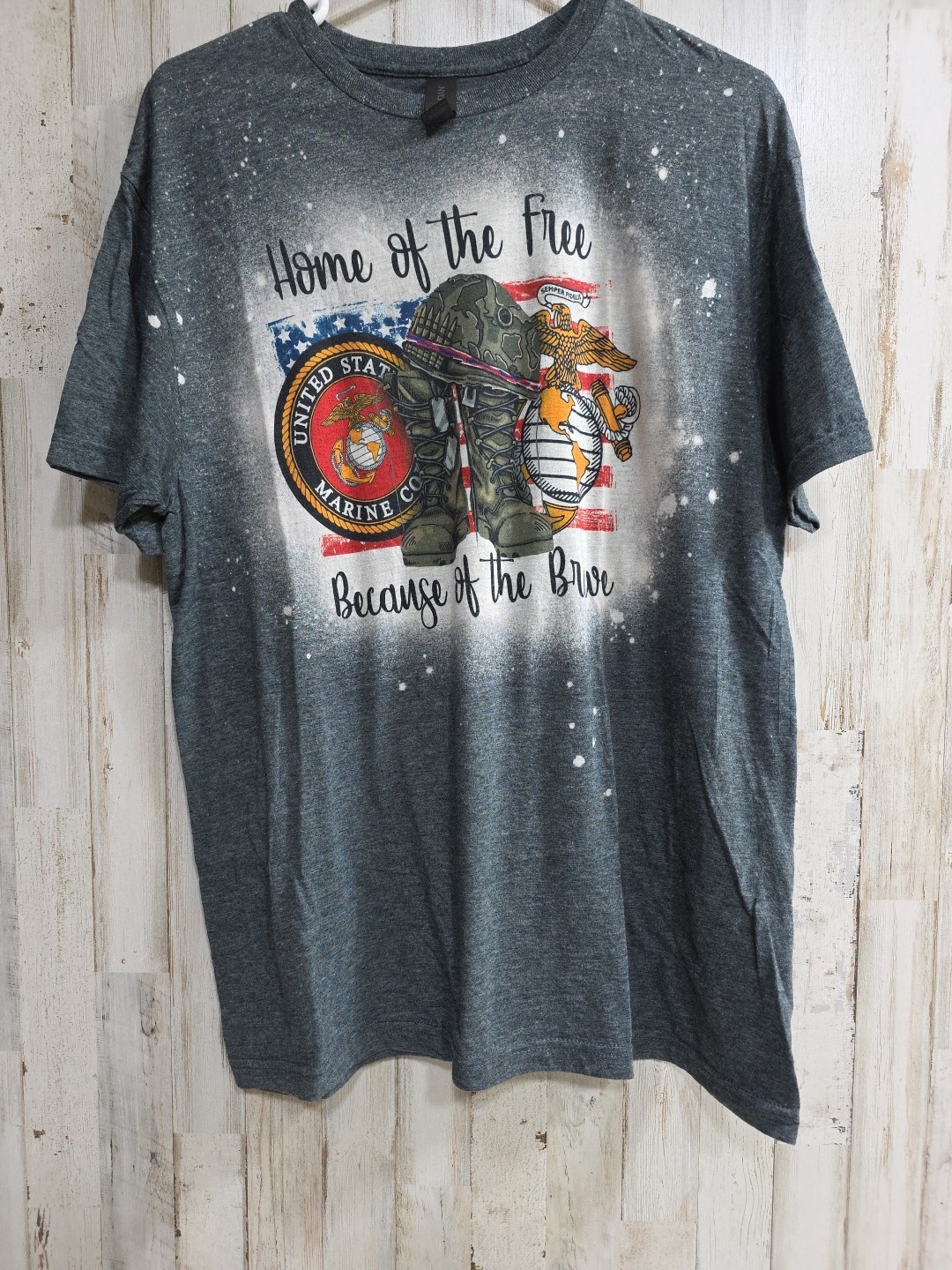 Sz Large “Home of the free because of the brave” Marines TShirt Distressed