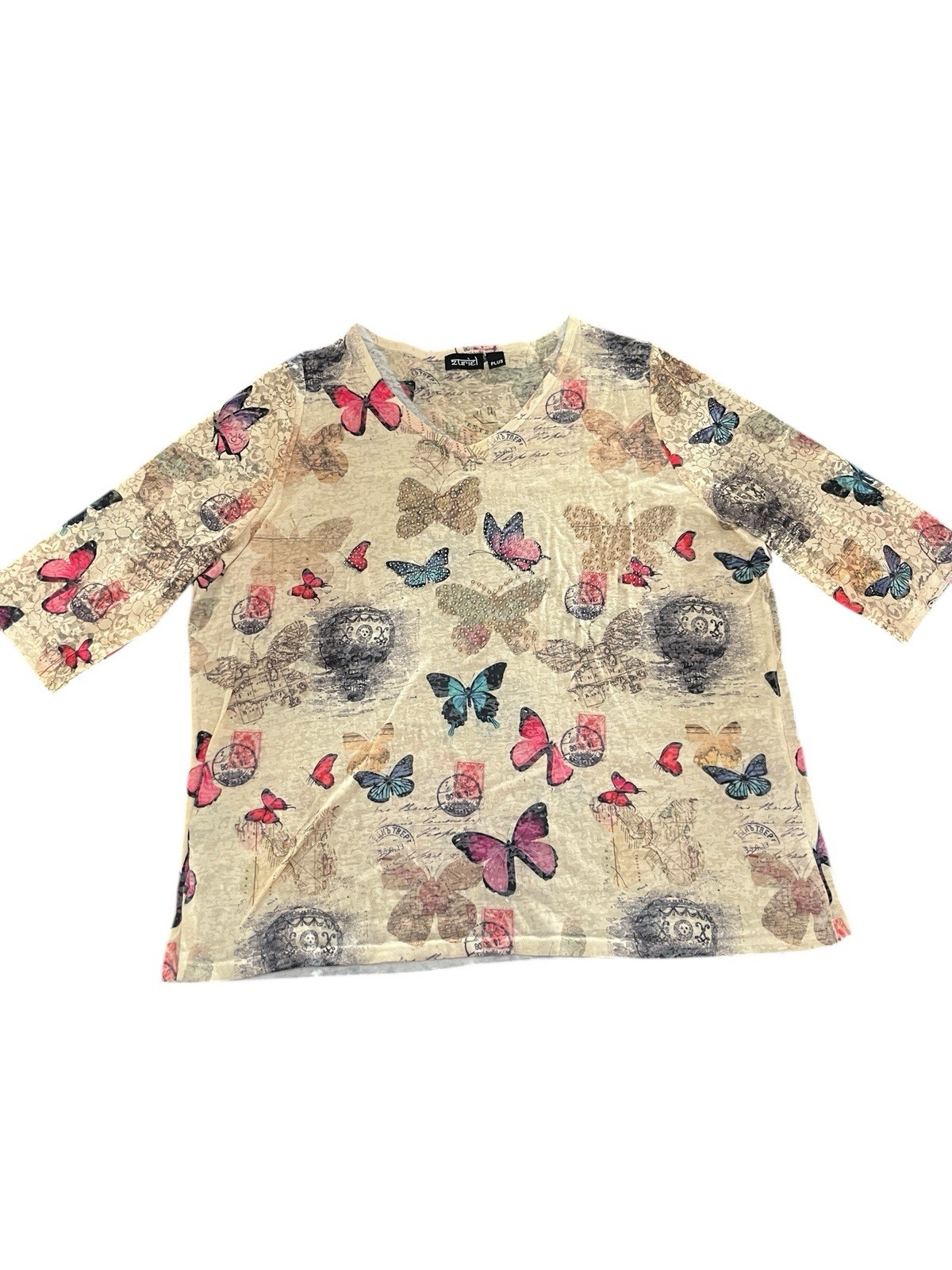 Zuriel Plus Sheer Mesh Butterfly Travel Postcard Print Rhinestone V Neck Top