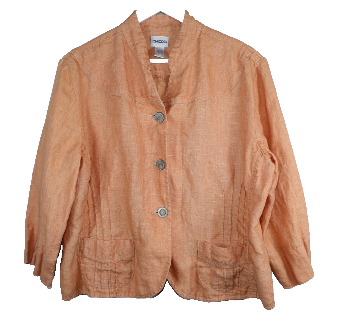 Chico’s Jacket Womens Size 3 Orange Linen Button Shacket Lagenlook Art to Wear