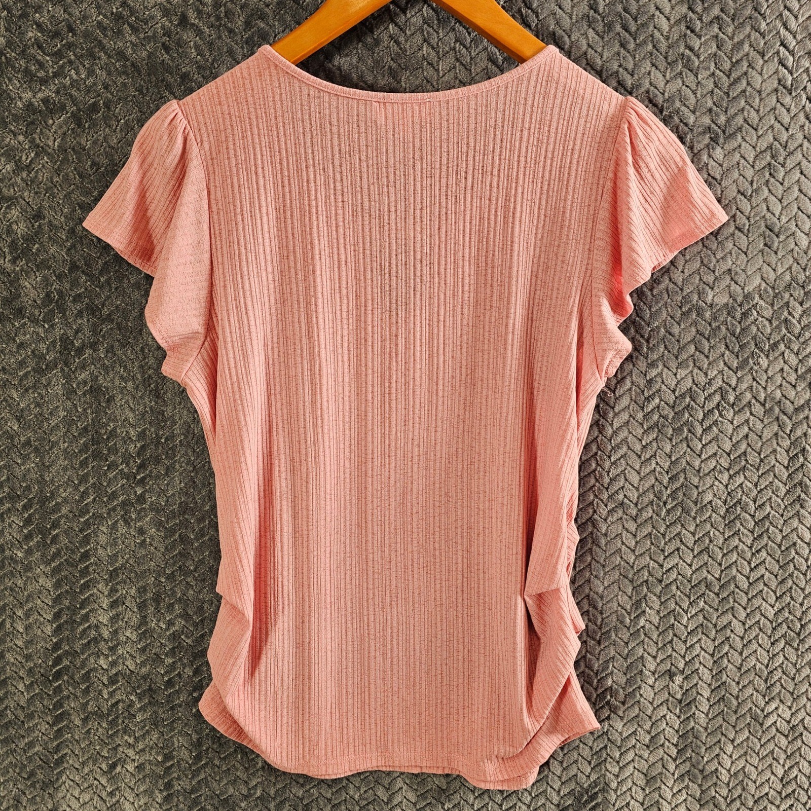 Love J Pink Ribbed Flutter Sleeve Top Gold Bar Keyhole Ruched Side Womens Medium