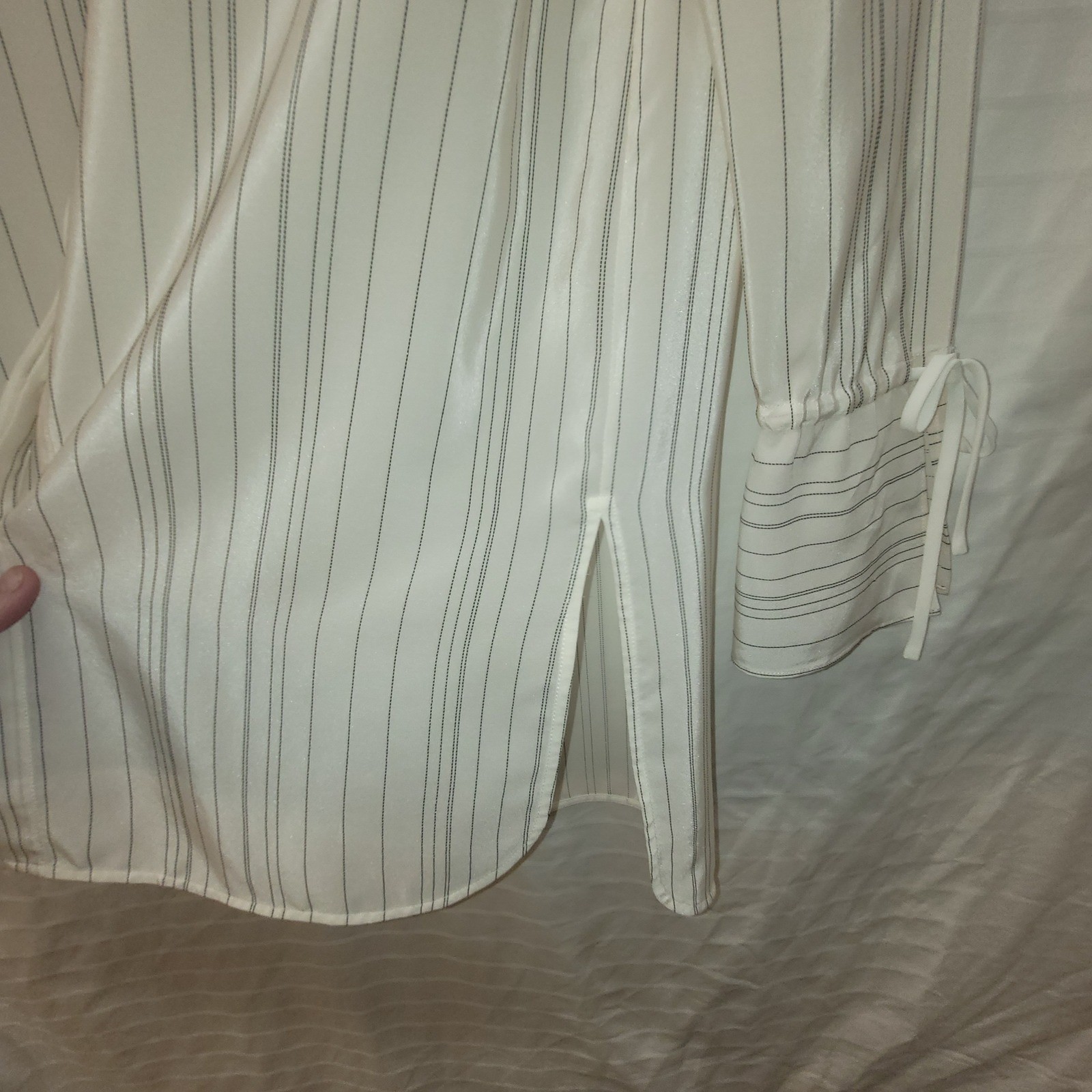 Lafayette 148 New York Silk Pinstripe Tunic Band Collar Tie Cuff Top Petite P