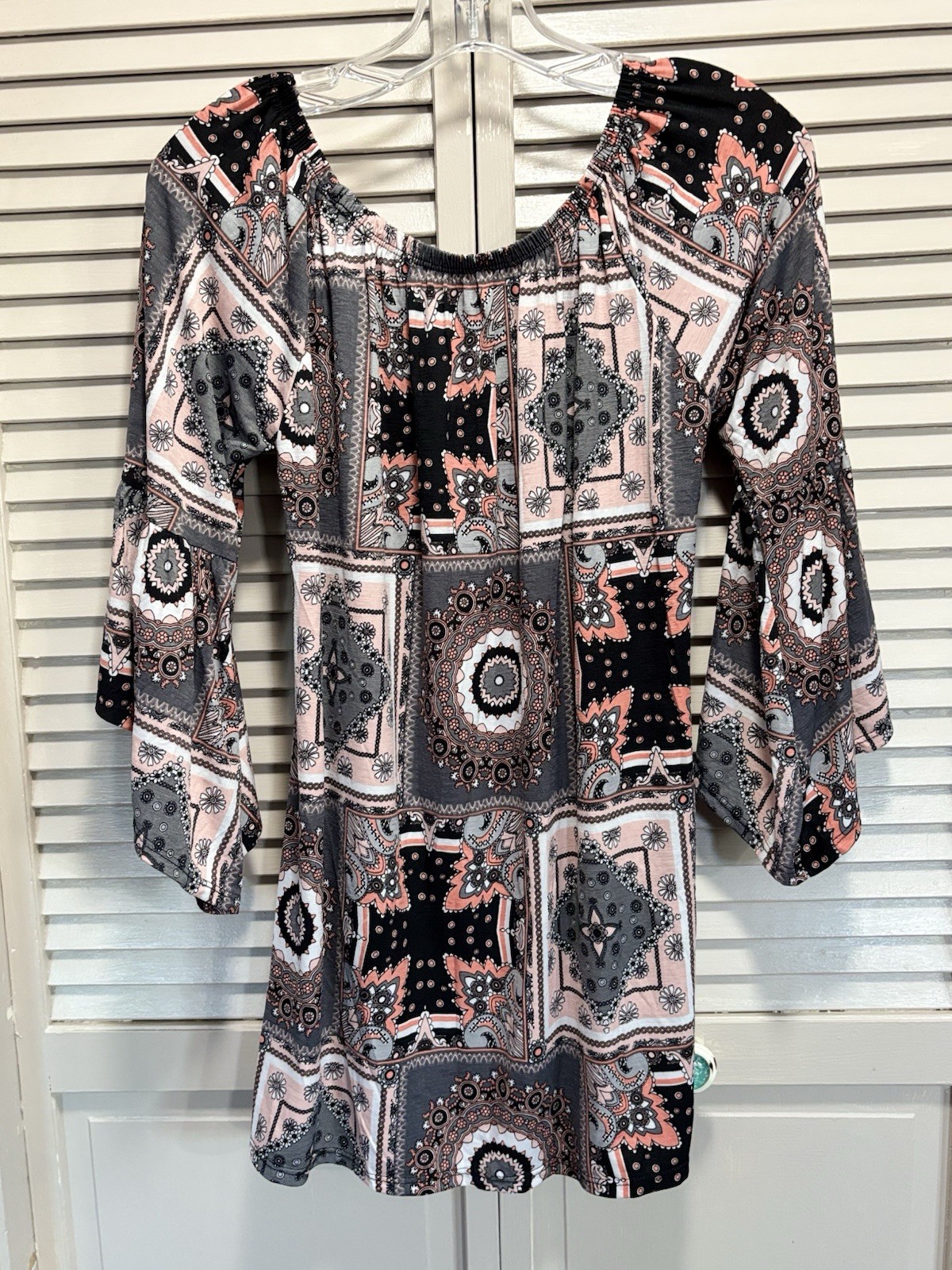 Paisley Black/Orange Long Tunic Blouse Boat Neck 3/4 Bell Sleeve Size M/L Flowy