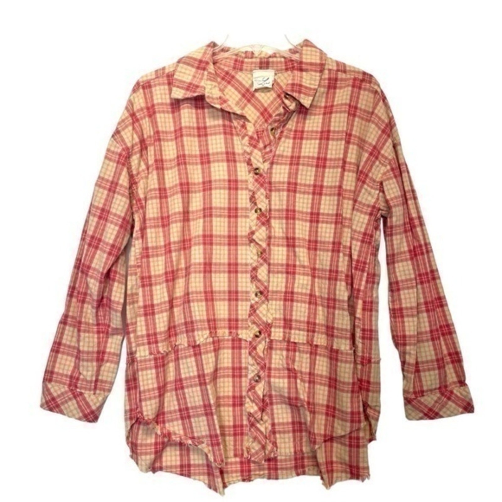 Artistic Works by Lu Plaid Cotton Button Down Shirt Raw Hem Boho Grunge Small