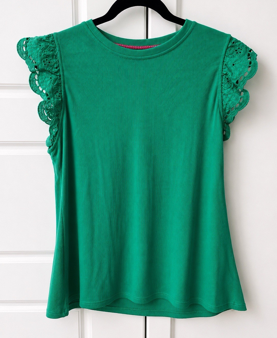 Draper James XL Green Ribbed Flutter Sleeve Top Lace Eyelet Trim Women’s Blouse
