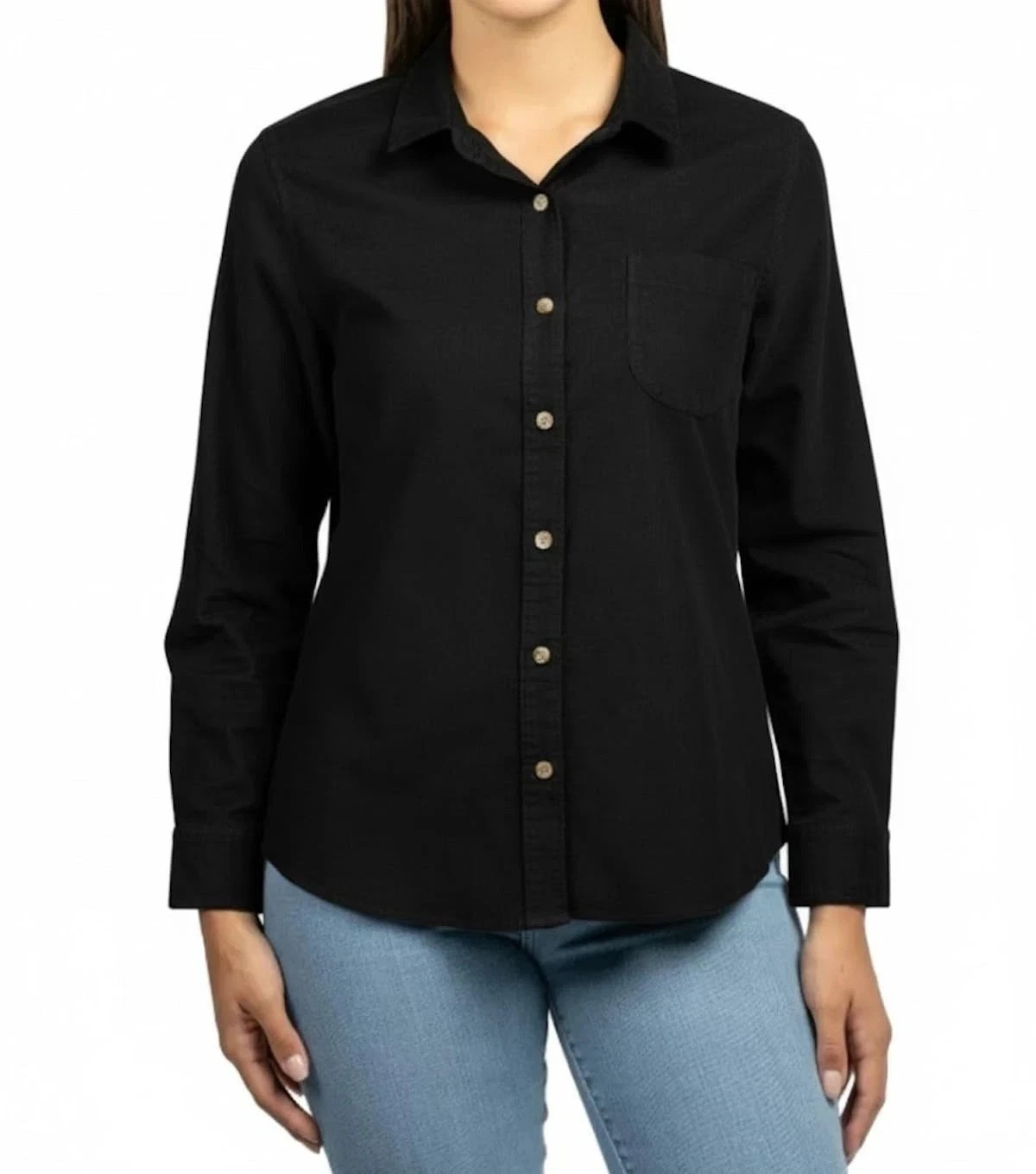 Jachs Girlfriend Women’s Mini Corduroy Button Up Long Sleeve Shirt, Black, L