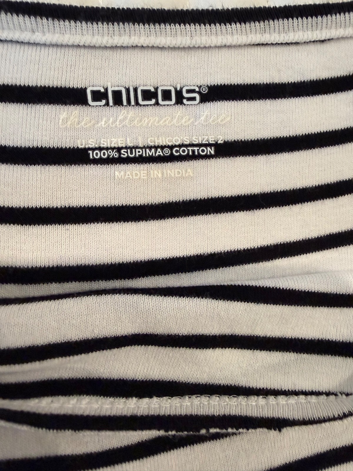 Chico’s Ultimate Tee- Bl/White striped/Square Neckline/ Buttons on side – Size 2