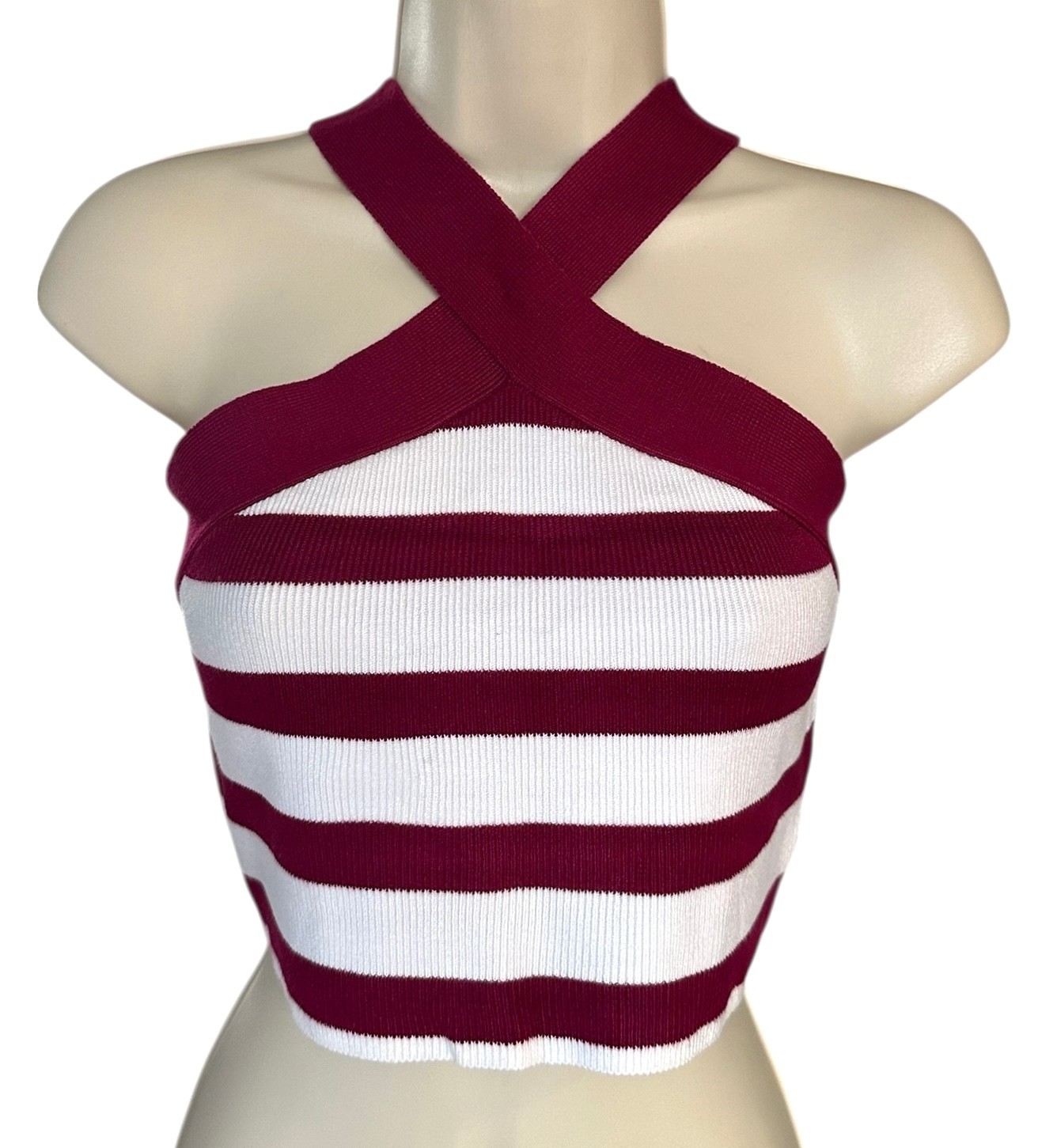 House of Harlow 1960 Women’s Luxe Crop Top Size L Dark Fuchsia White Striped