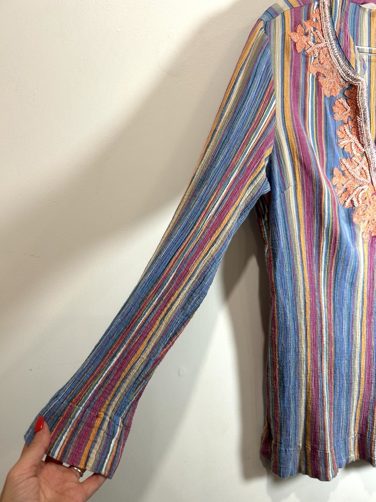 Soft Surroundings Tunic Top Embroidered Beaded Gauzy 100% Cotton Striped Gypsy L
