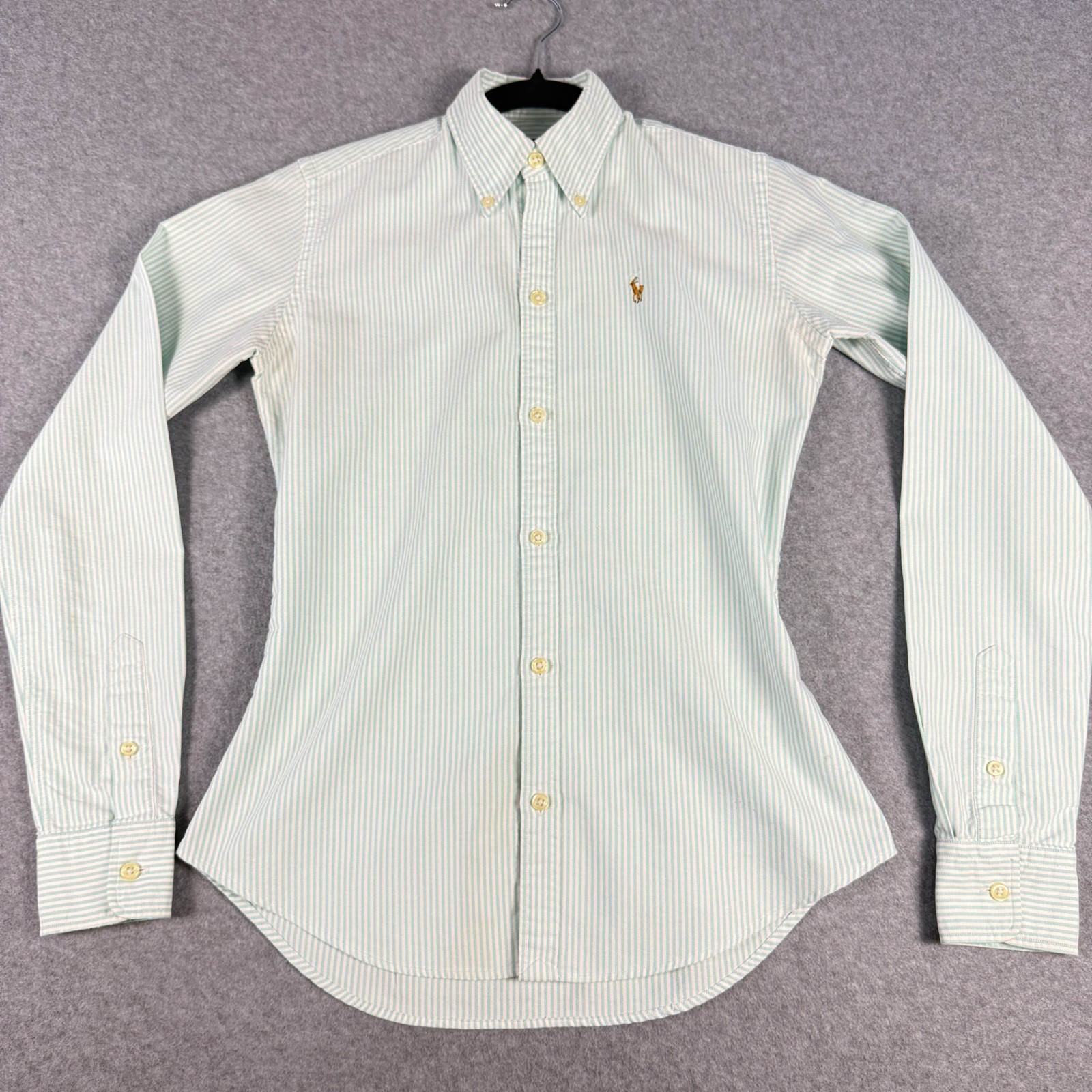 Vintage Ralph Lauren Oxford Shirt Womens 0 Green Stripe Slim Fit Hong Kong 80s