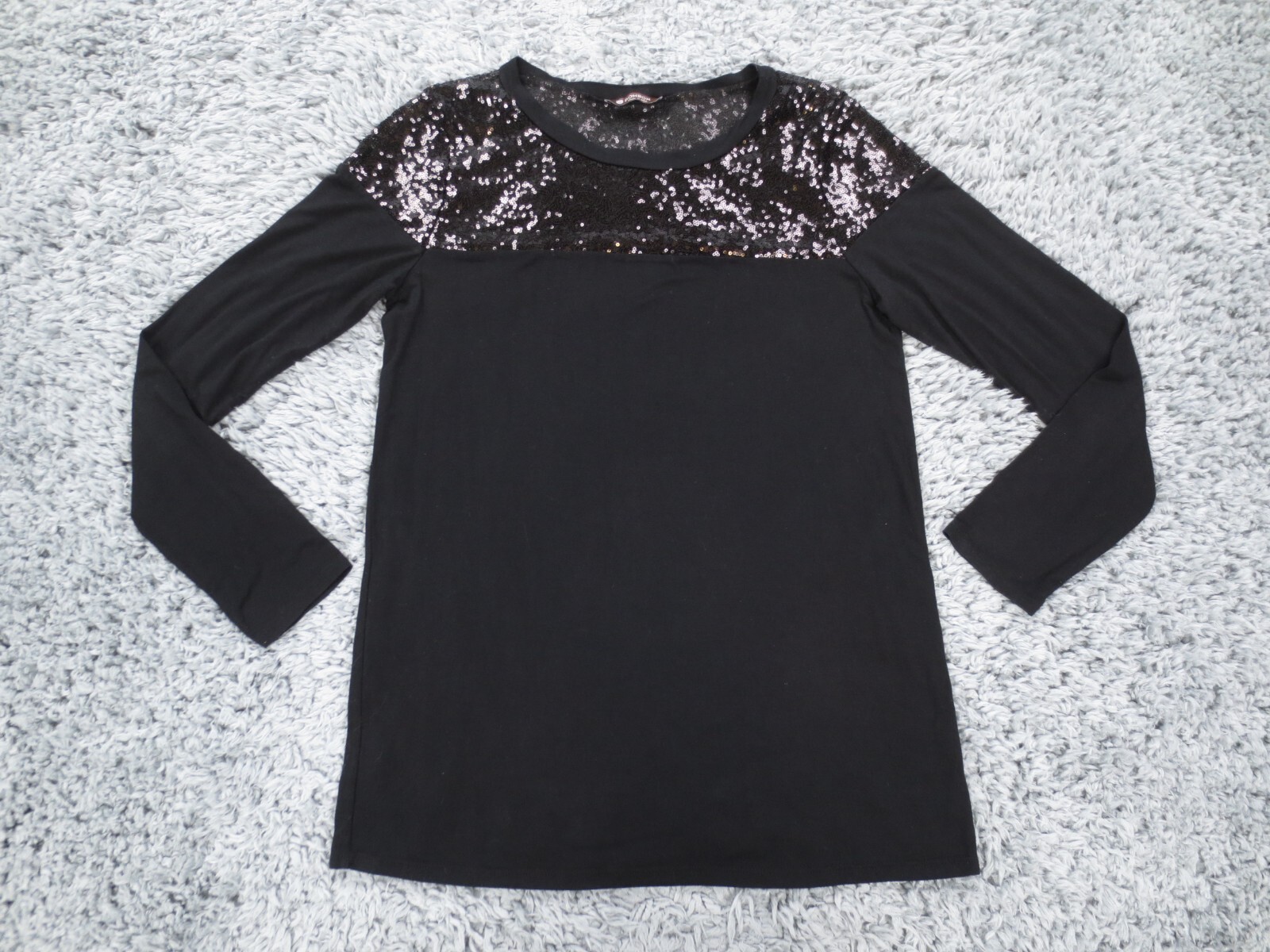 Bombom Top Women Medium Black Rayon Lightweight Sequin Lace Neckline Stretch USA