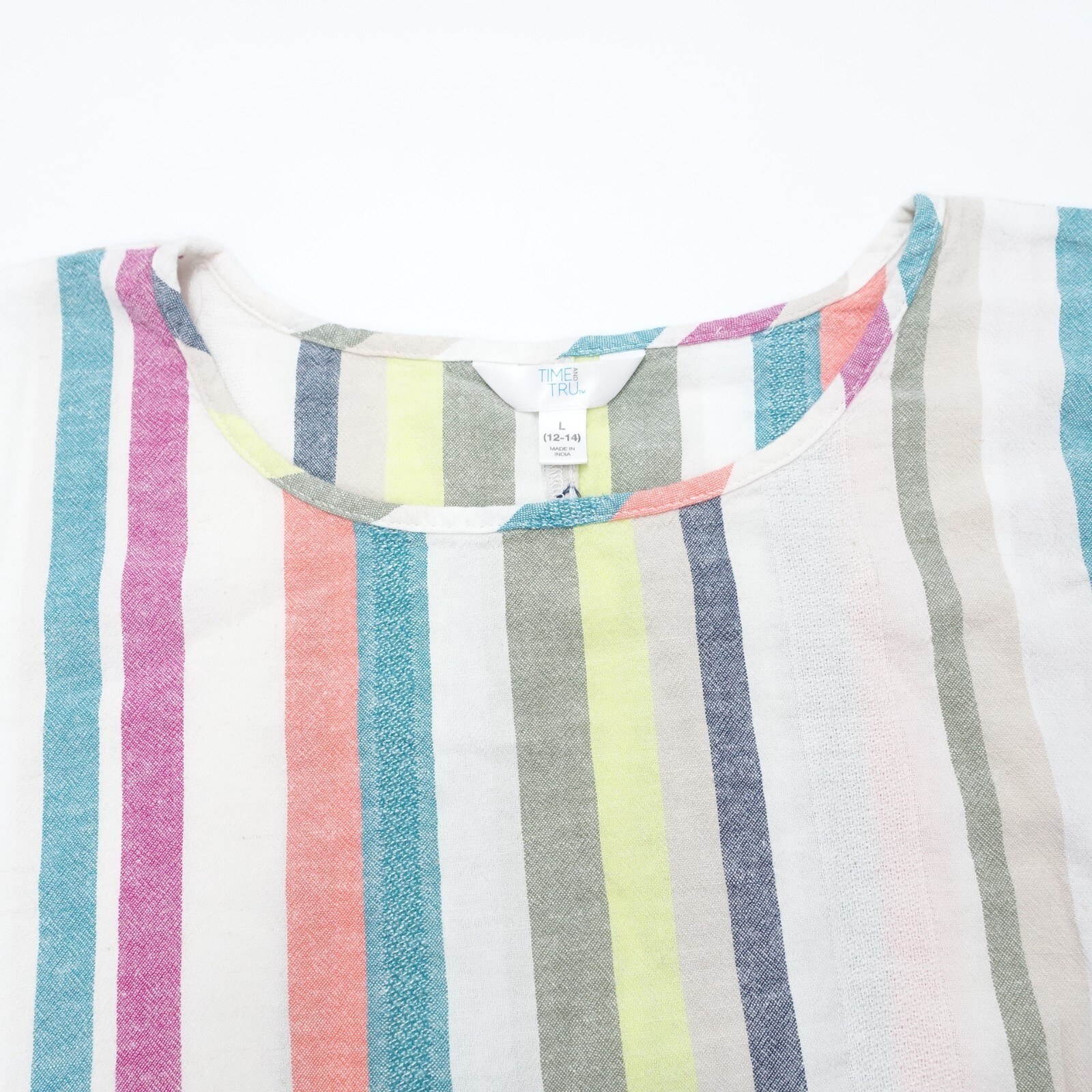 Time and Tru Cropped Top Womens L Multicolor Striped Round Neck Knotted Pullover