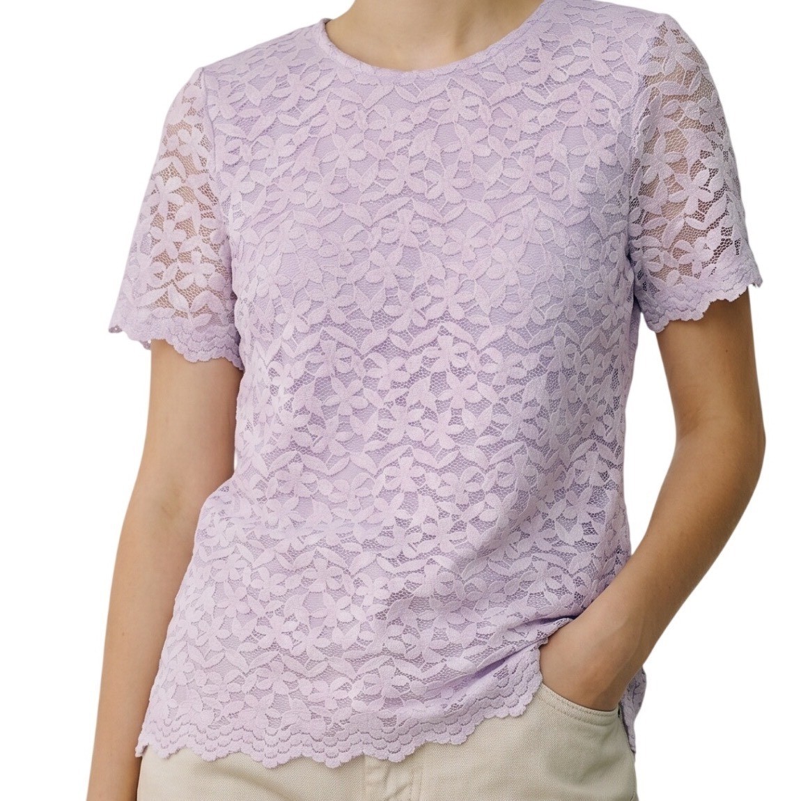 Teddi Rose Lace Top Women Large Purple NEW Floral Short Sleeve Scalloped Hem