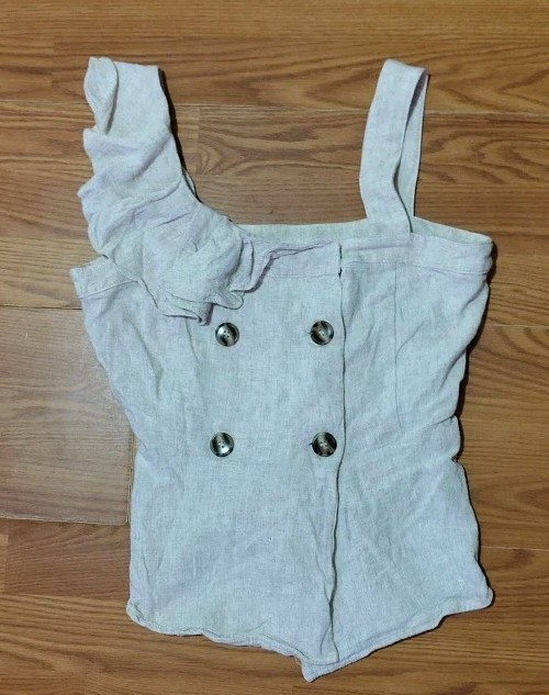 Mystree Women’s Wrap Blouse W/ Shoulder Ruffle Size Medium 30%Linen/70%Rayon