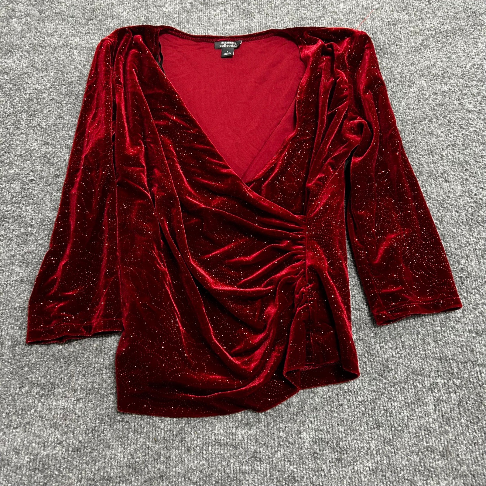 Dressbarn Blouse Womens Size L Red Velvet Sparkly Glitter Draped Faux Wrap Top